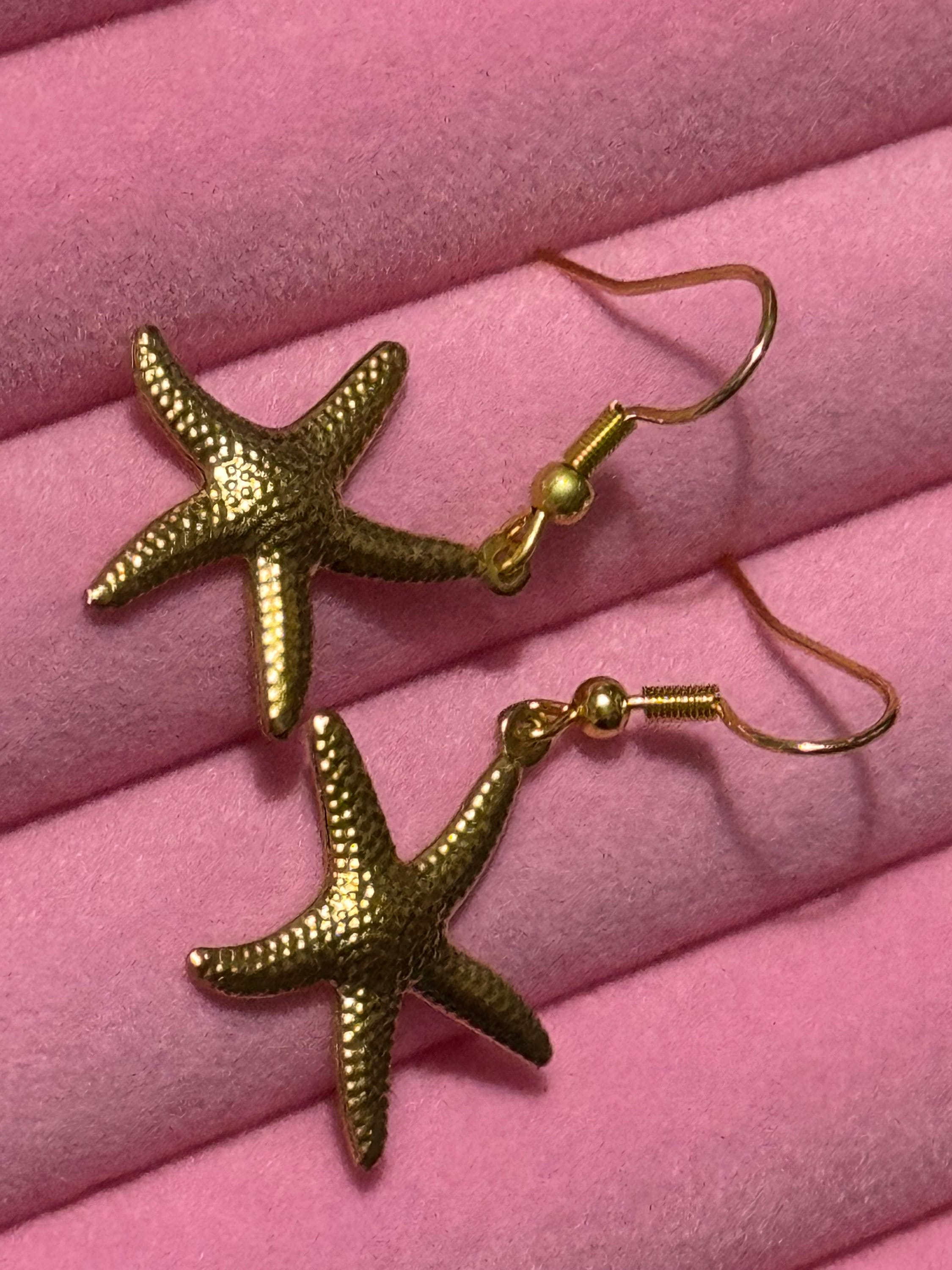 Nautical gold tone starfish small drop earrings pierced ears