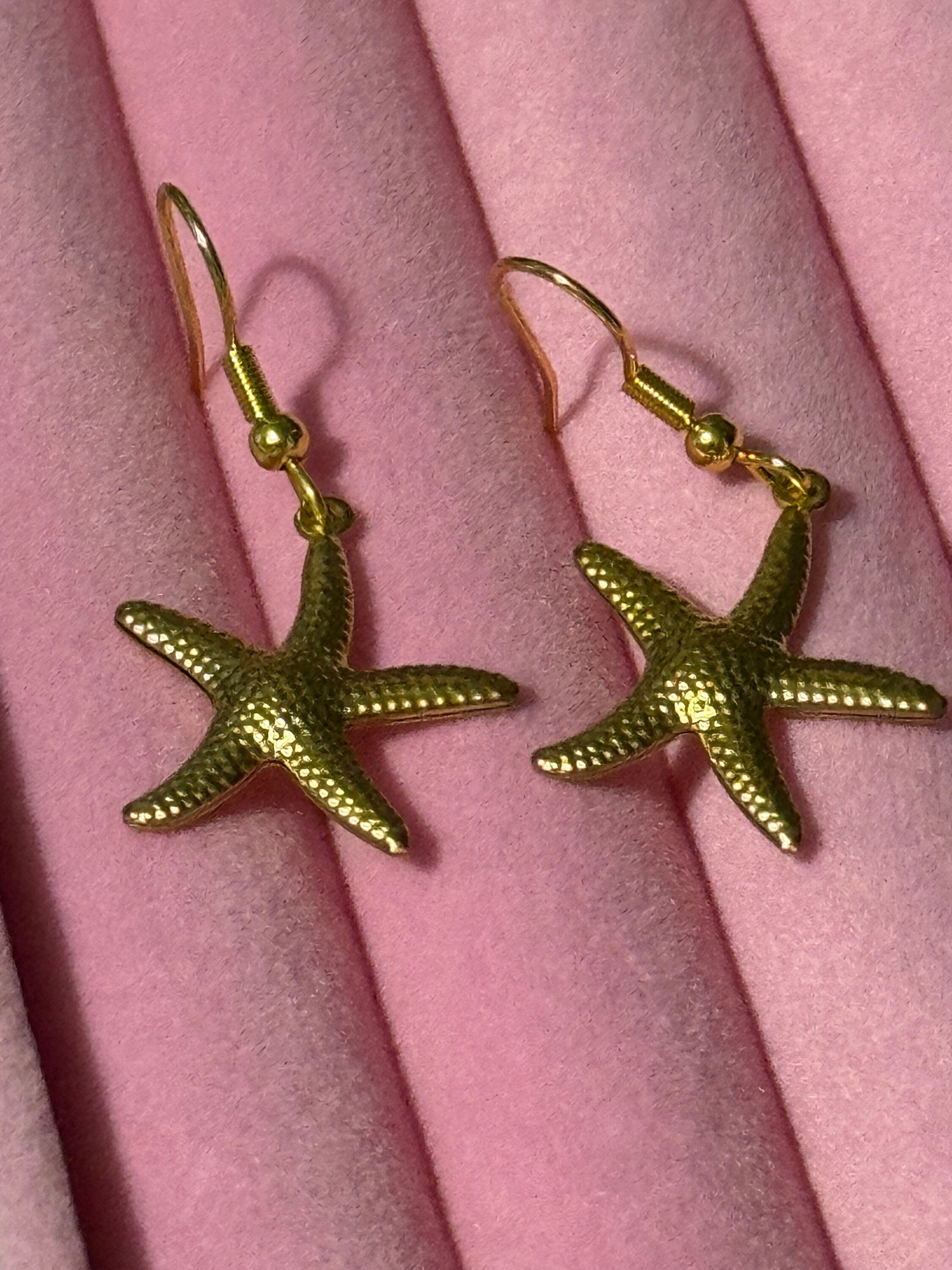 Nautical gold tone starfish small drop earrings pierced ears