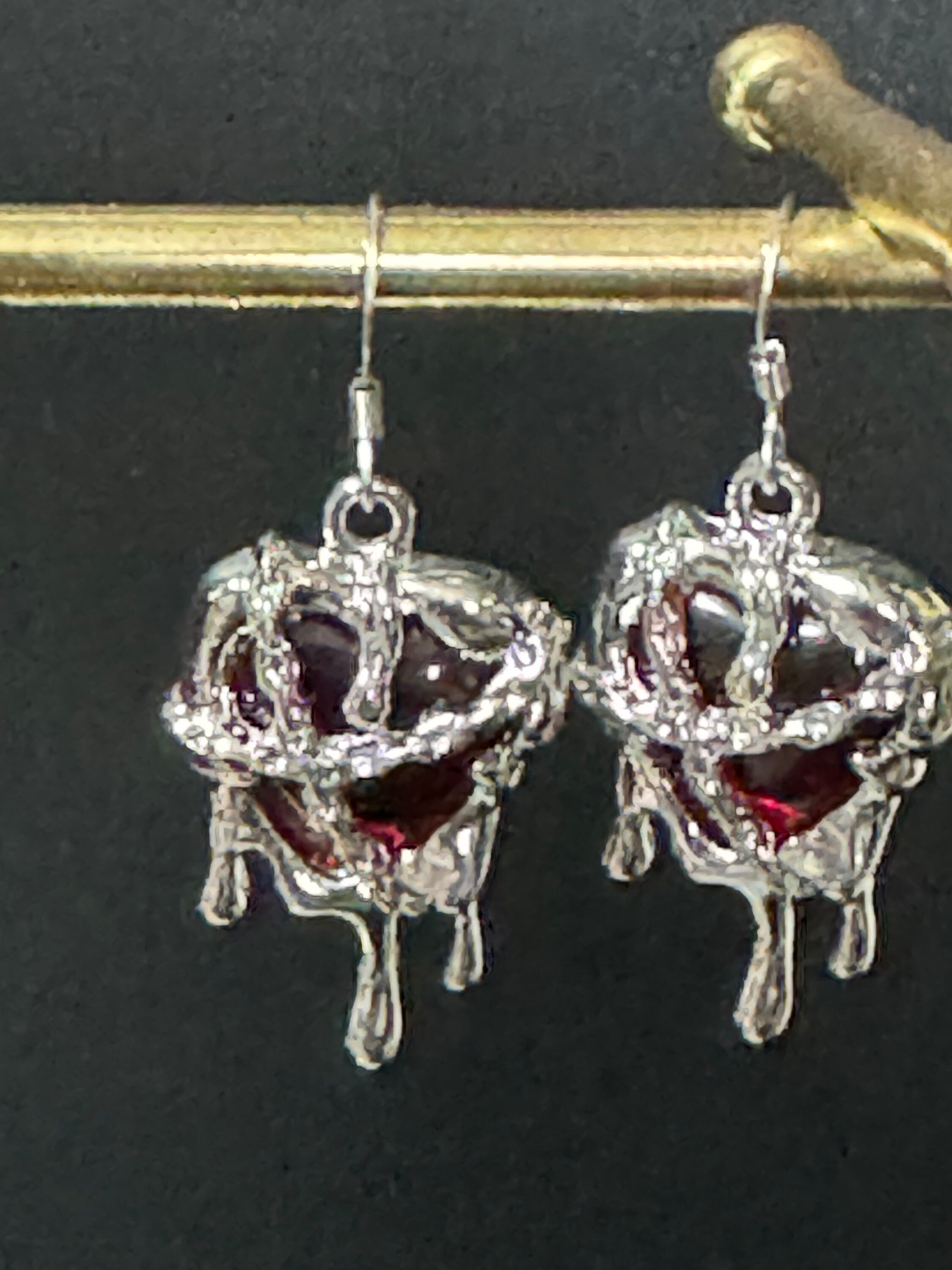 bright red bleeding heart modernist loveheart ornate crystal cabochon drop earrings