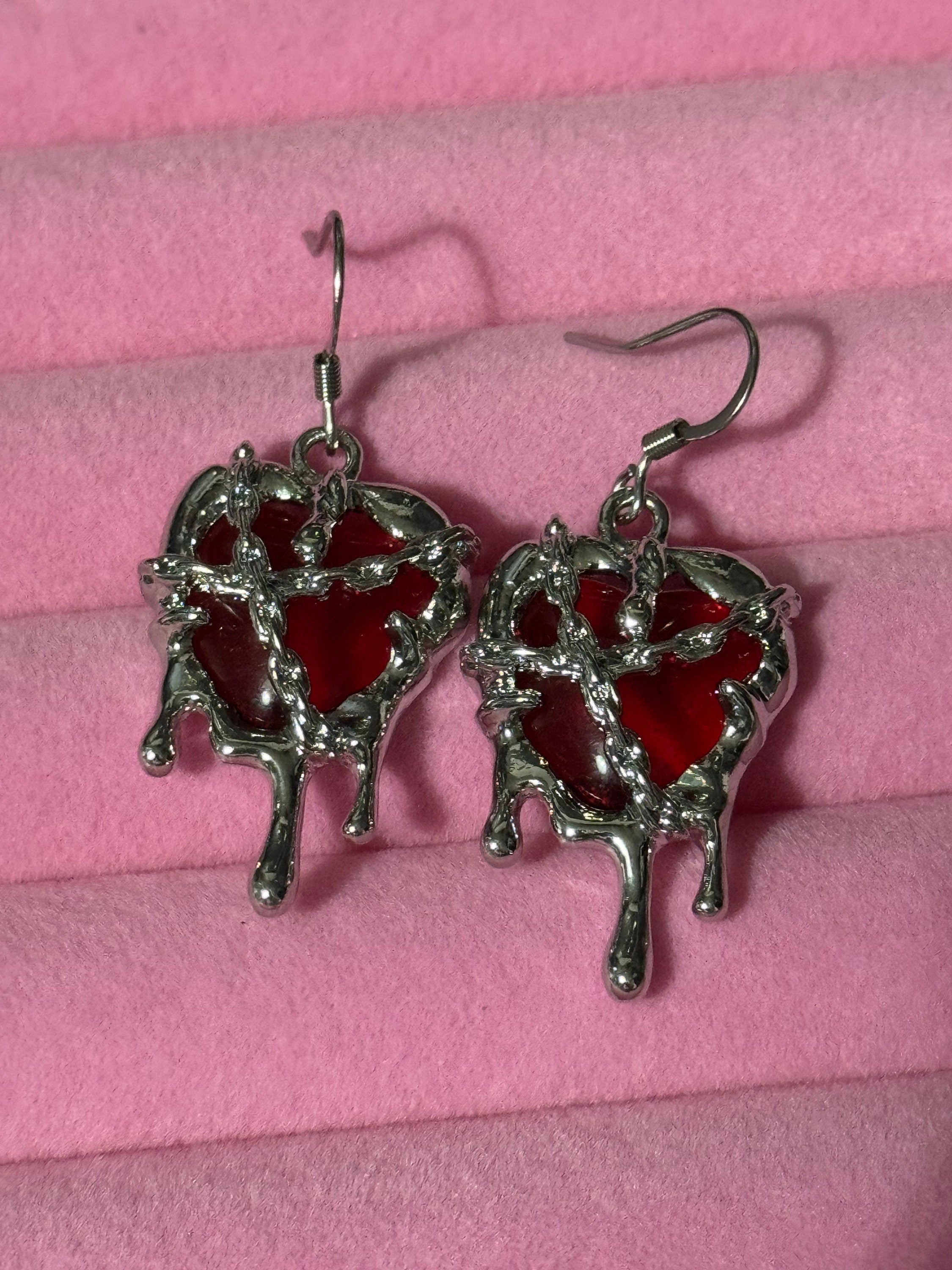 bright red bleeding heart modernist loveheart ornate crystal cabochon drop earrings