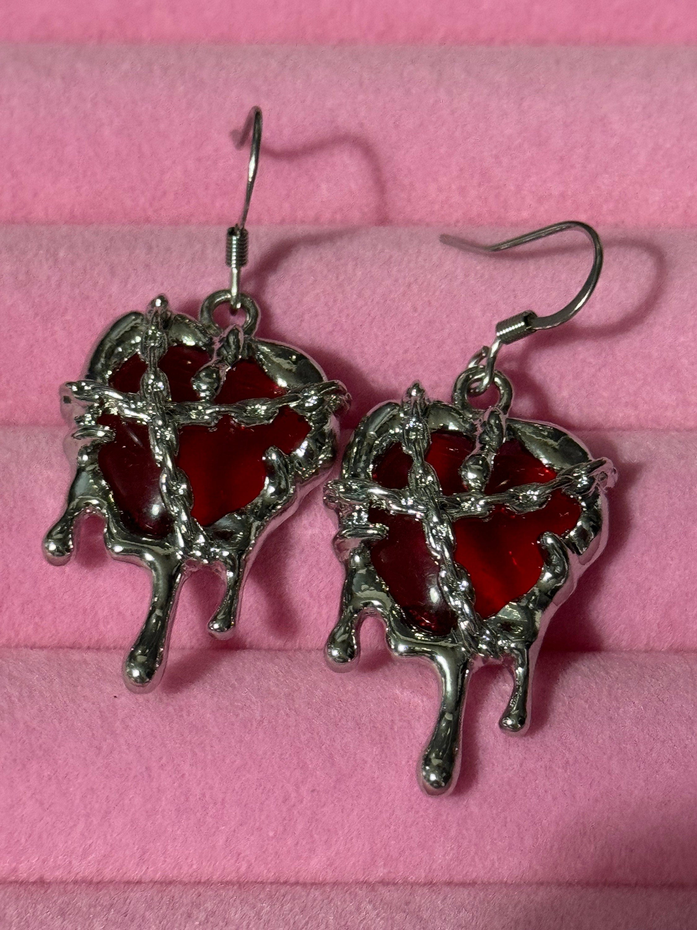 bright red bleeding heart modernist loveheart ornate crystal cabochon drop earrings