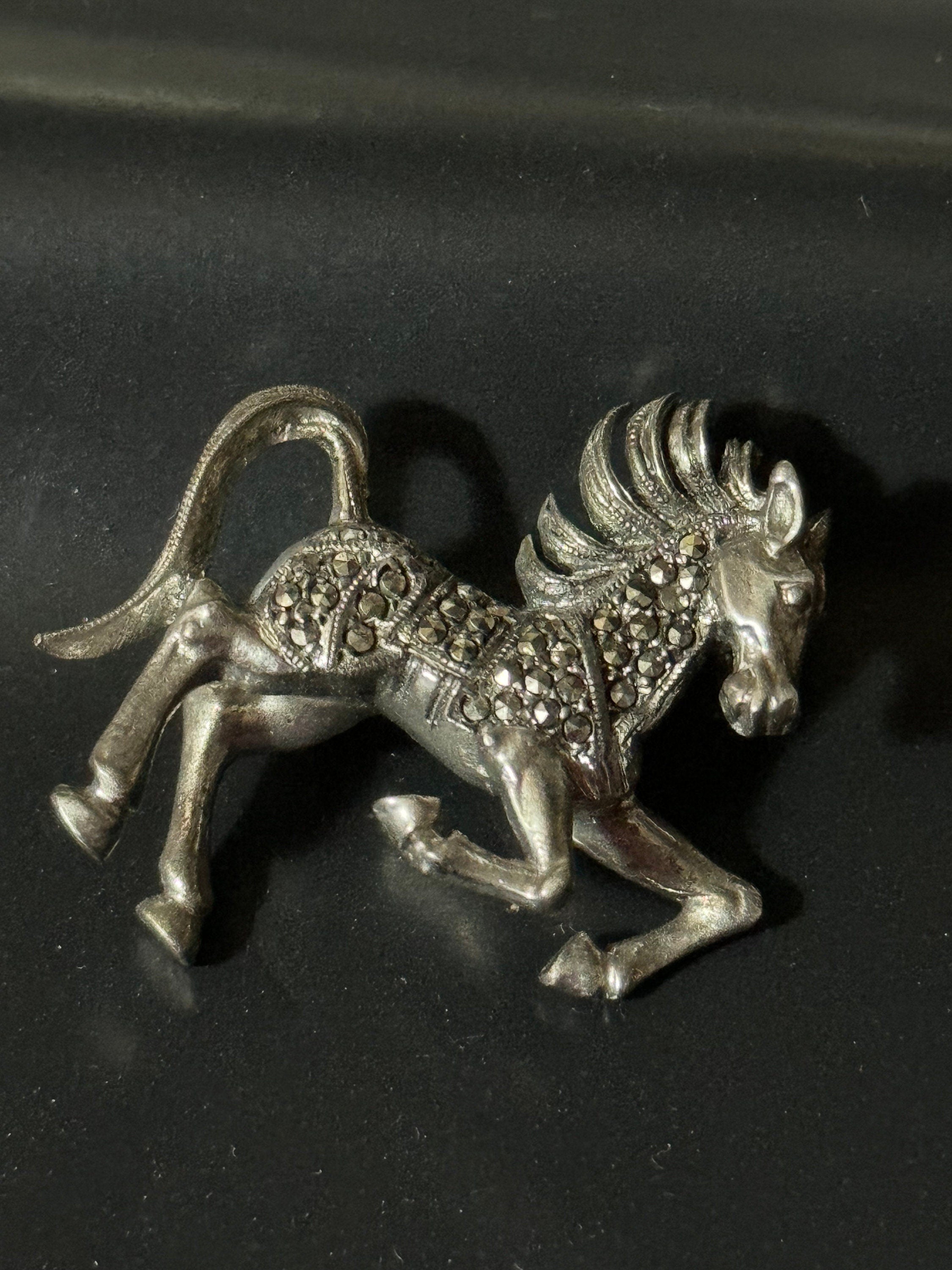 Wild stallion horse Vintage sterling 925 and marcasite brooch