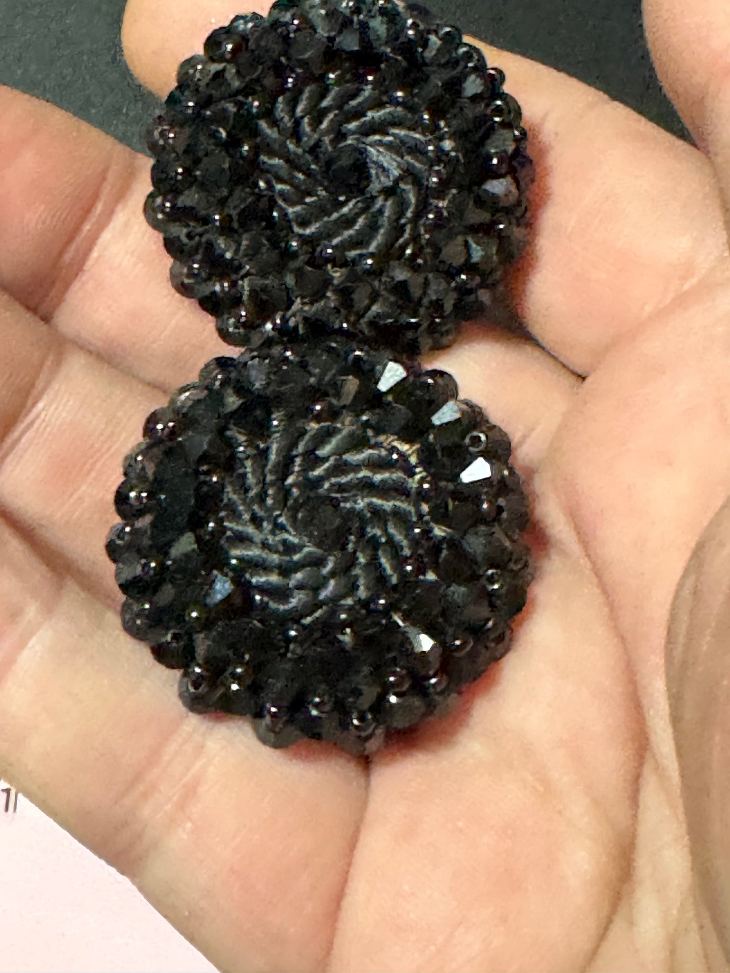 Oversized 3.5cm black glass cluster beaded round disc Clip On Earrings Vintage