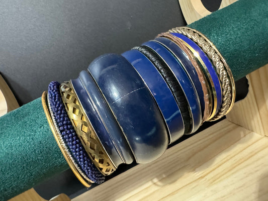 Armful of vintage Navy blue and gold tones slim and wide tacking boho bangles