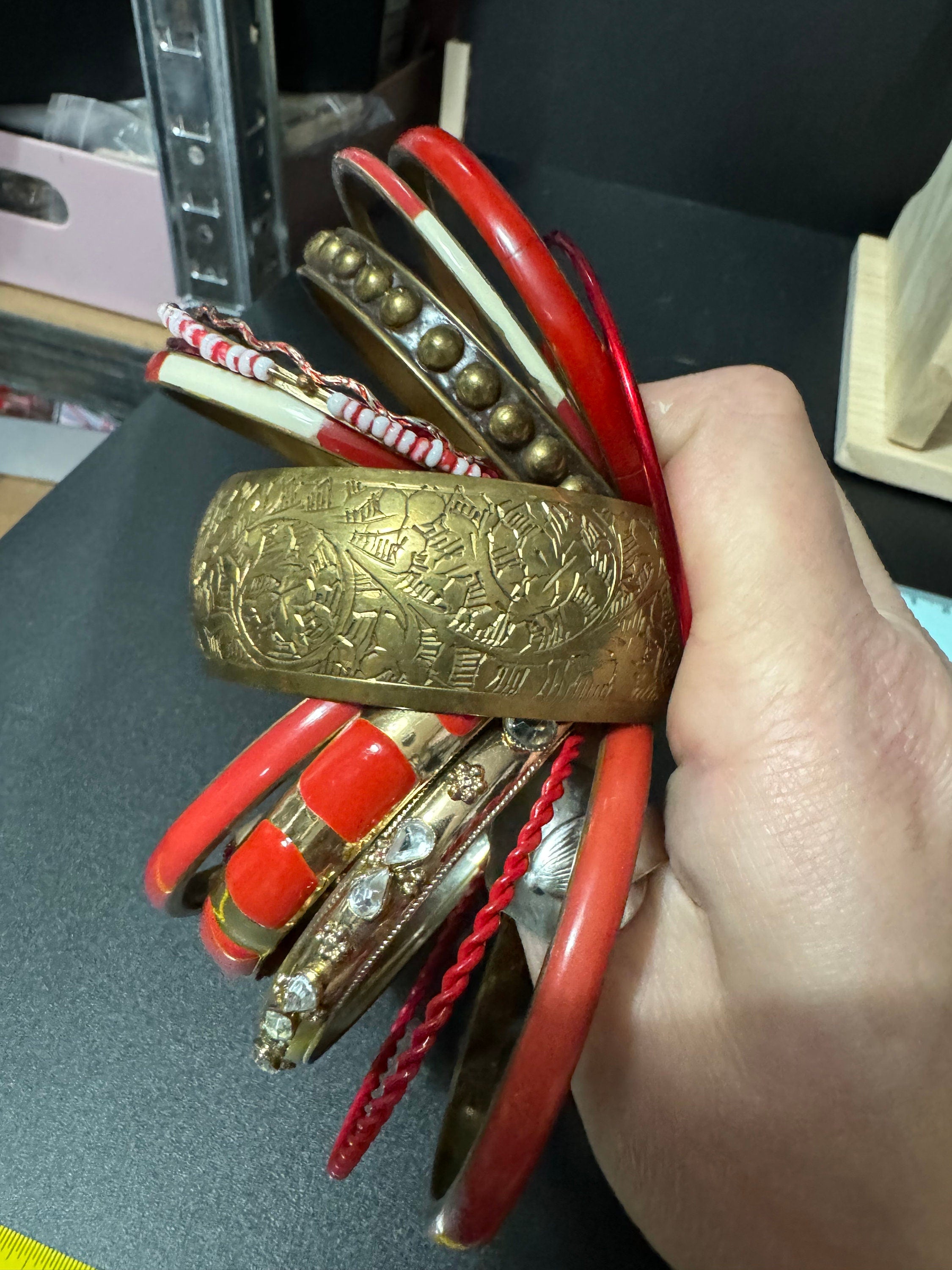 Armful of vintage Red and gold tones slim and wide tacking boho bangles