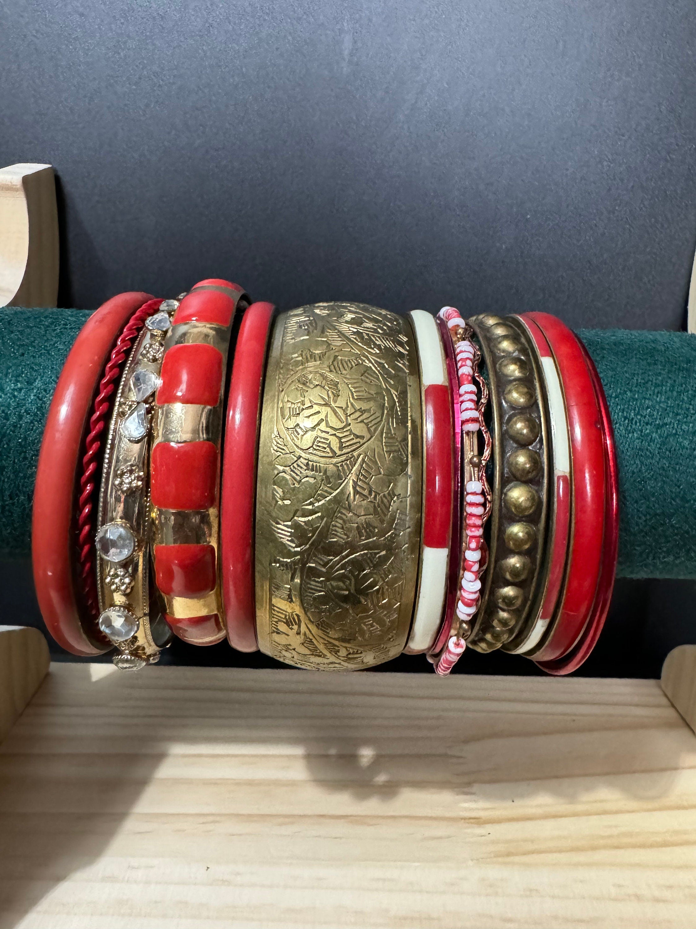 Armful of vintage Red and gold tones slim and wide tacking boho bangles