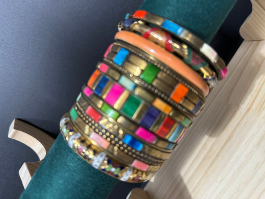 Armful of vintage bright rainbow colours pink orange green Indian style mixed gold tones stacking boho bangles