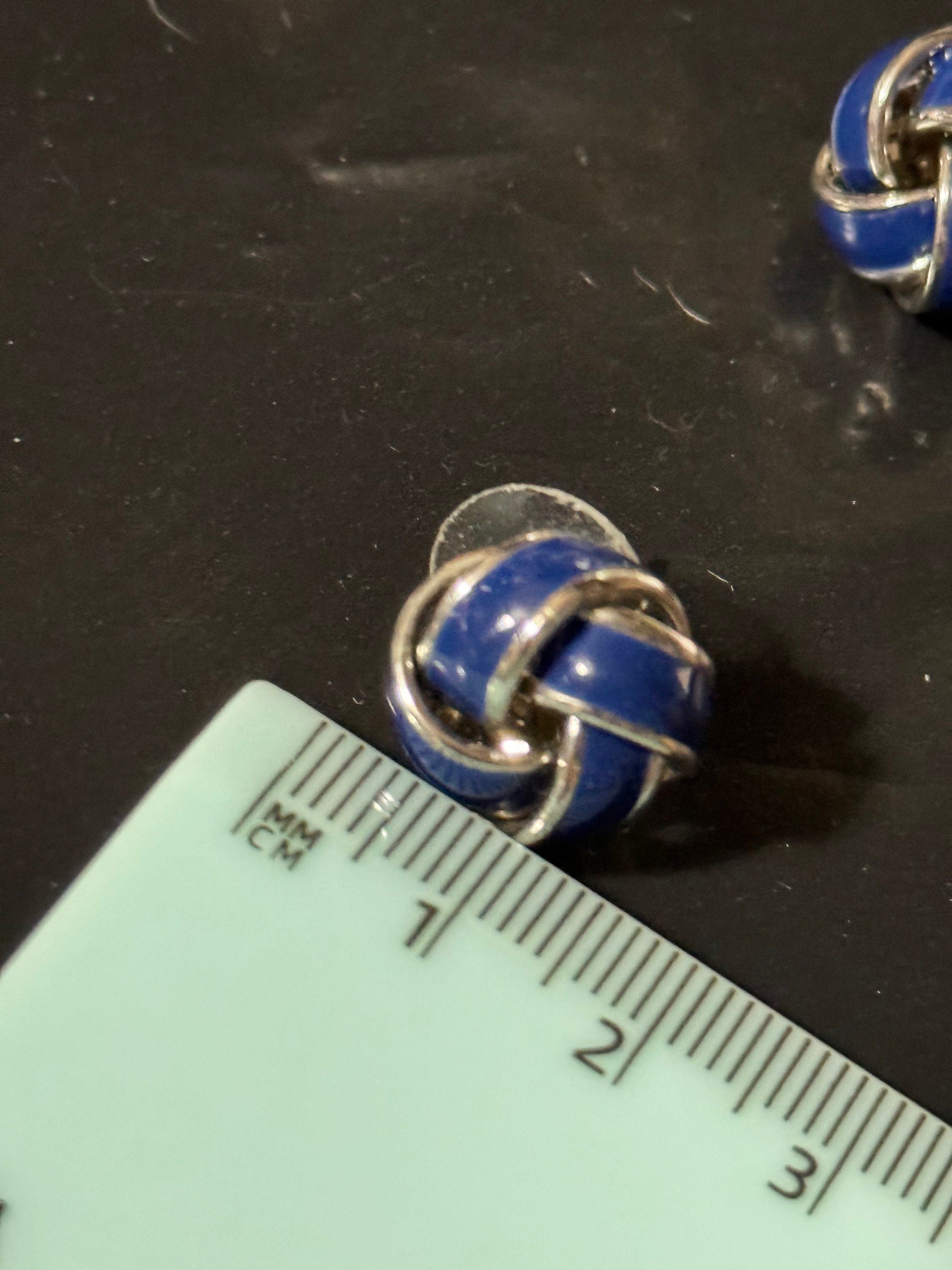 Vintage silver tone dark navy Blue enamel pair knot stud earrings pierced