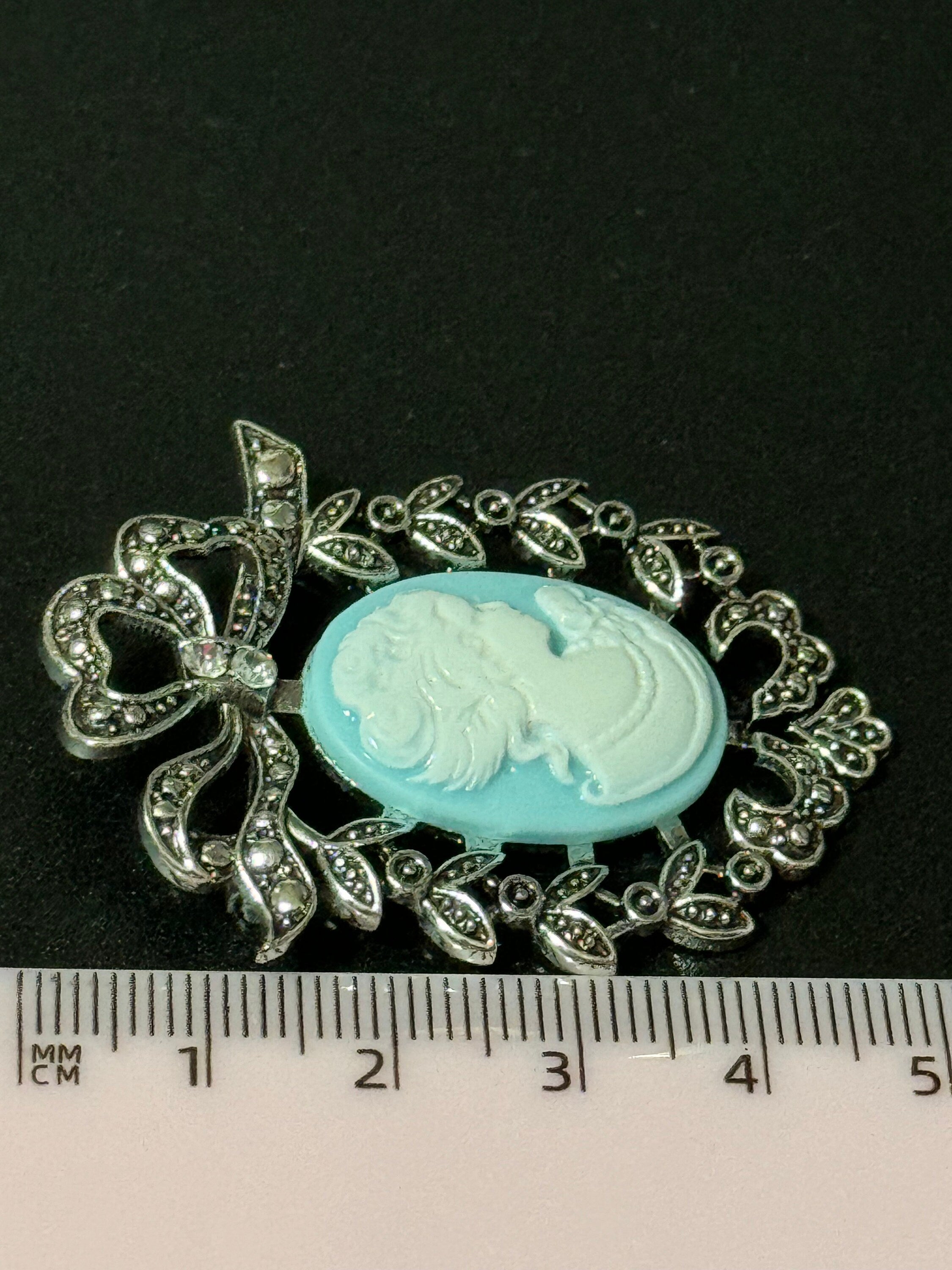 Vintage style handmade Blue cameo brooch with antique silver tone ornate frame