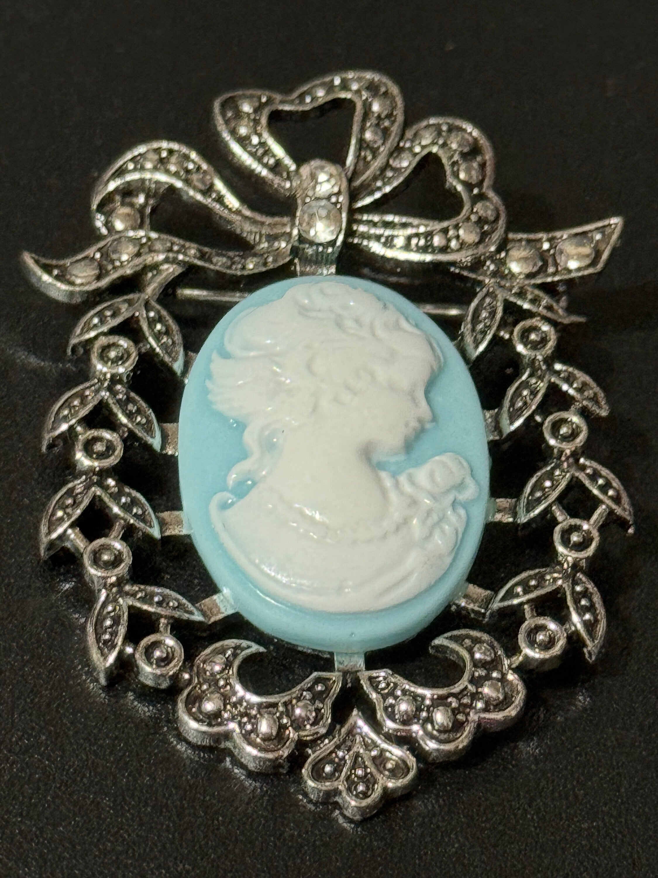 Vintage style handmade Blue cameo brooch with antique silver tone ornate frame