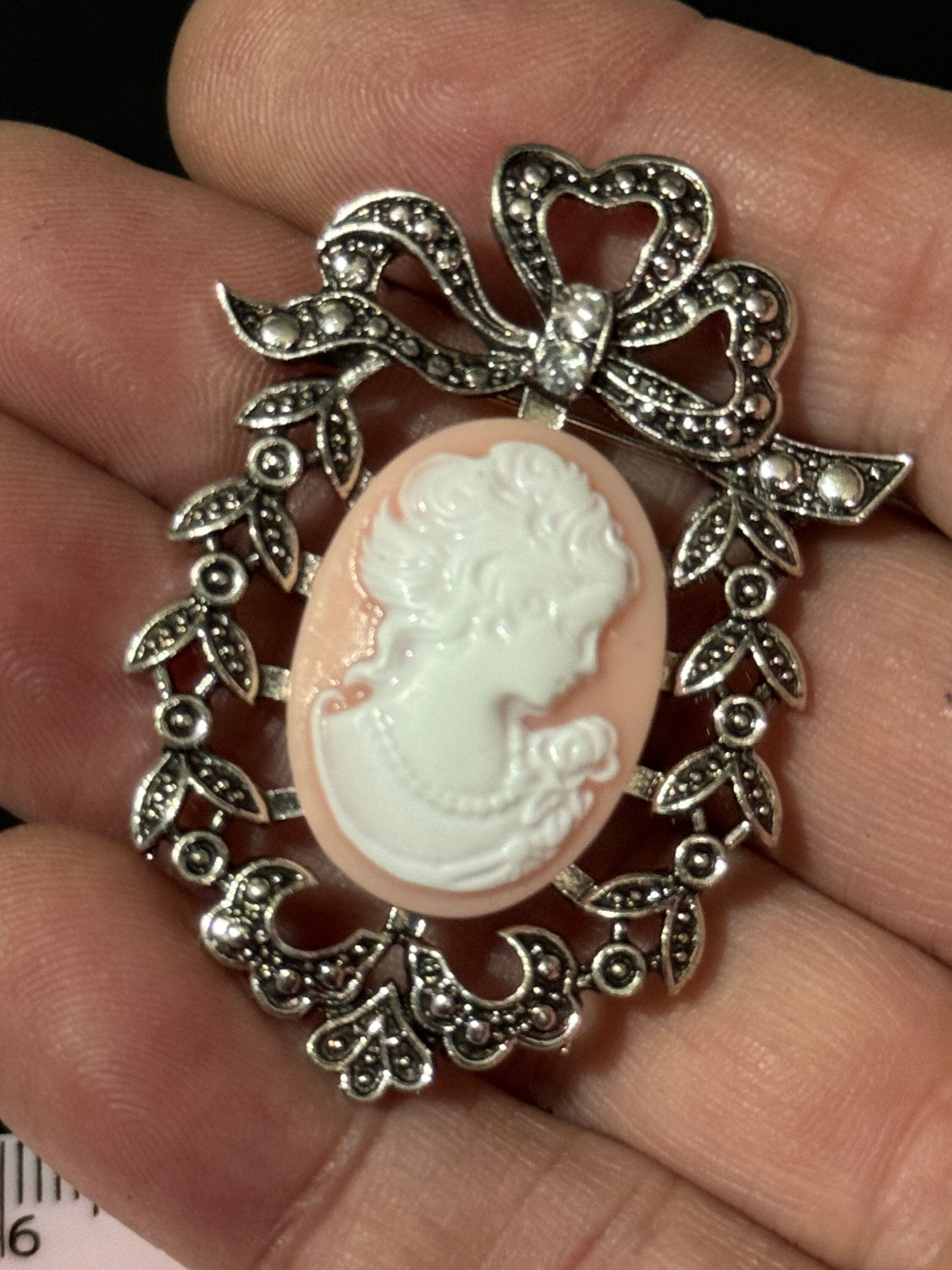 Vintage style handmade Soft pink cameo brooch with antique silver tone ornate frame