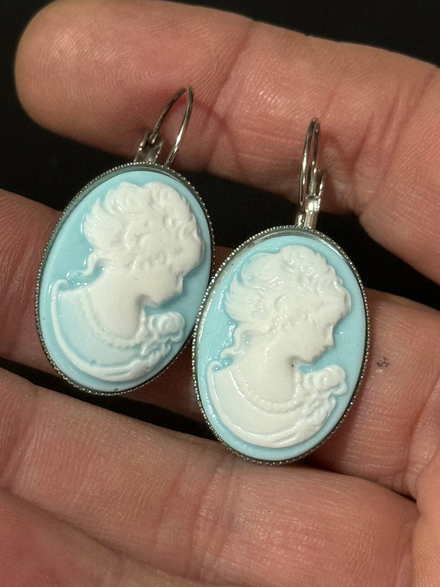 Antique style handmade Blue resin cameo lady stainless steel oval lever back drop earrings