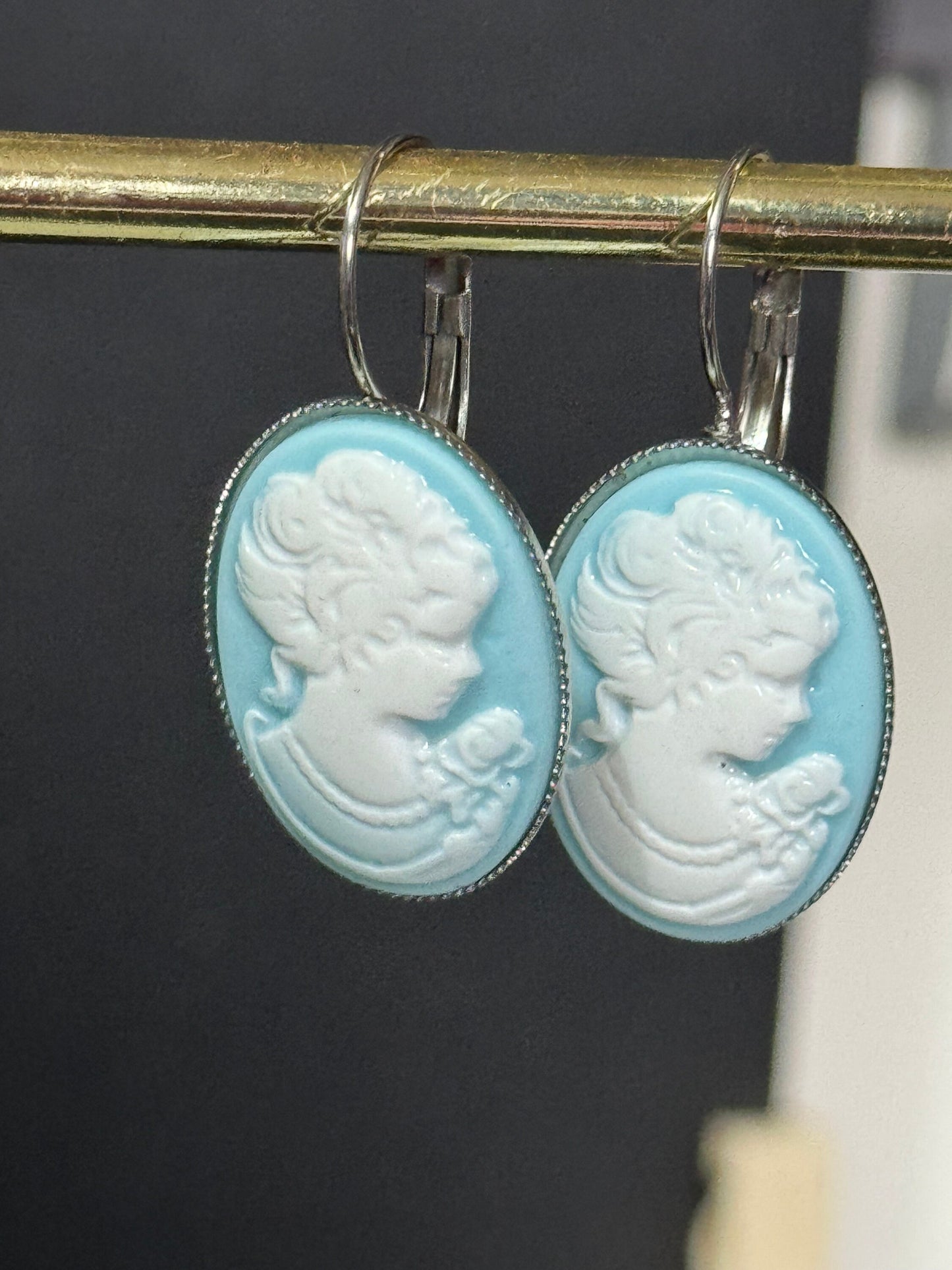 Antique style handmade Blue resin cameo lady stainless steel oval lever back drop earrings