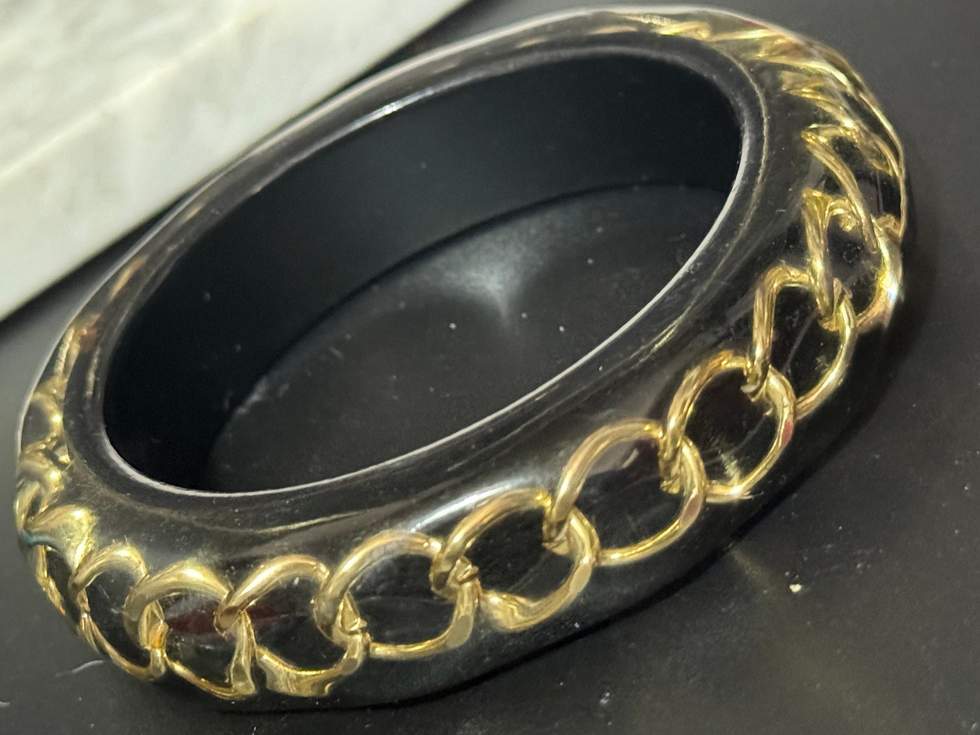 Gold chain link black vintage chunky oversized abstract wide acrylic plastic bangle bracelet