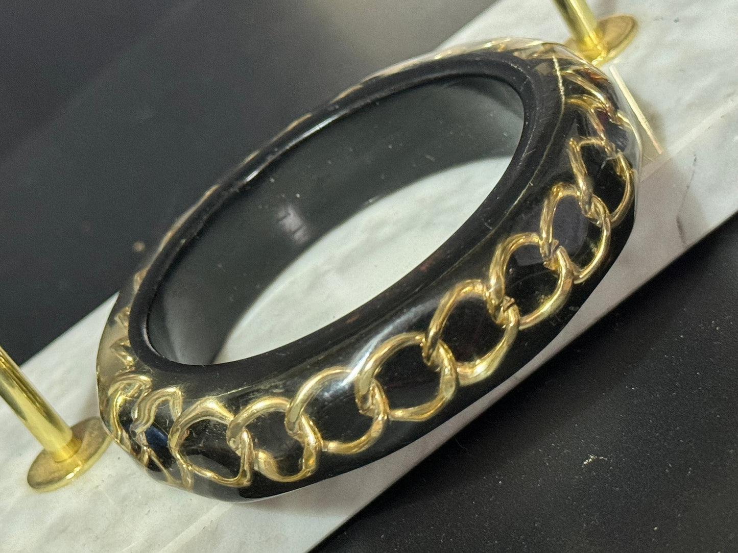 Gold chain link black vintage chunky oversized abstract wide acrylic plastic bangle bracelet