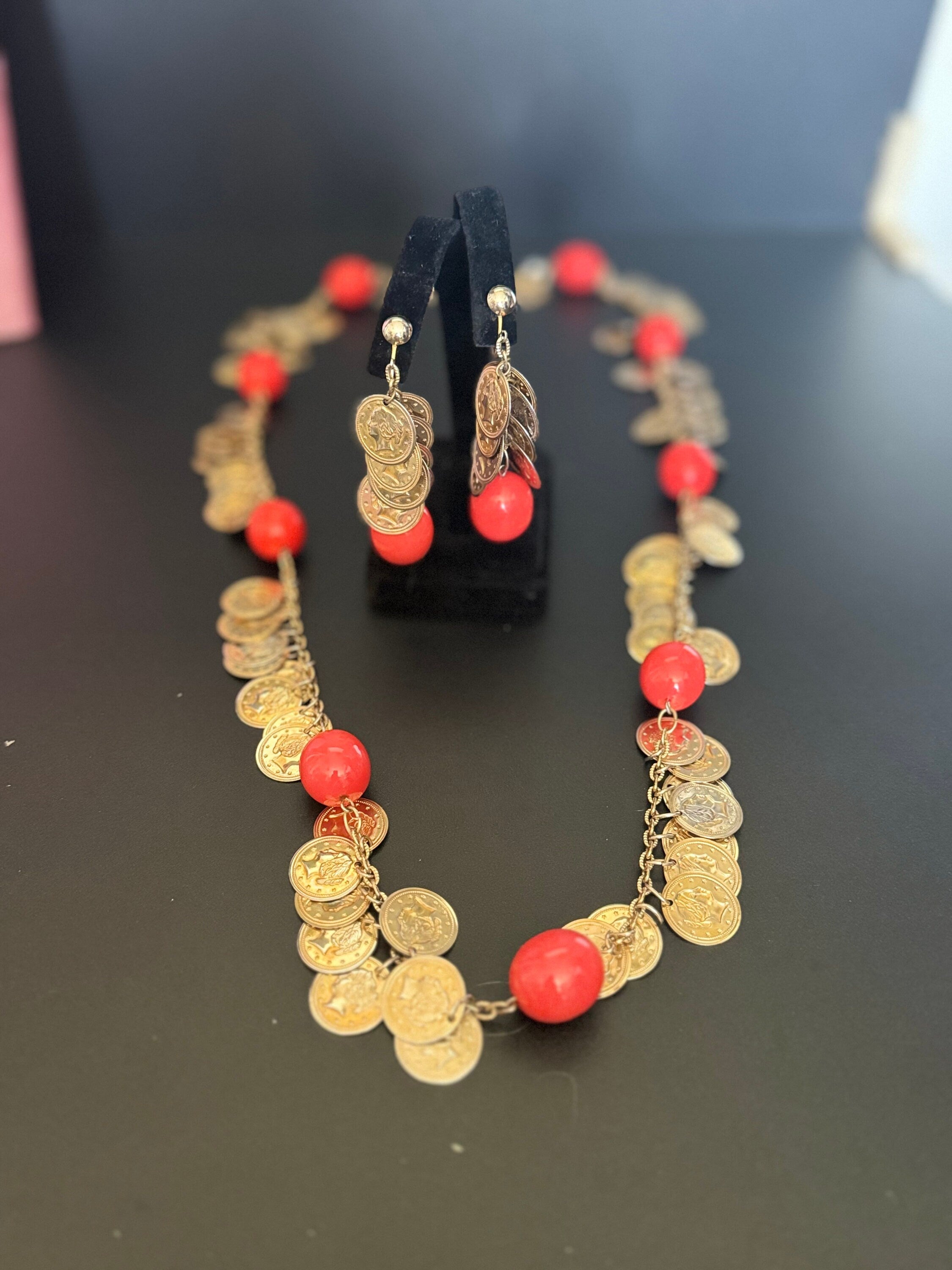 Vintage signed castlecliff rare orange beaded long Gypsy gold coin necklace and matching drop earrings