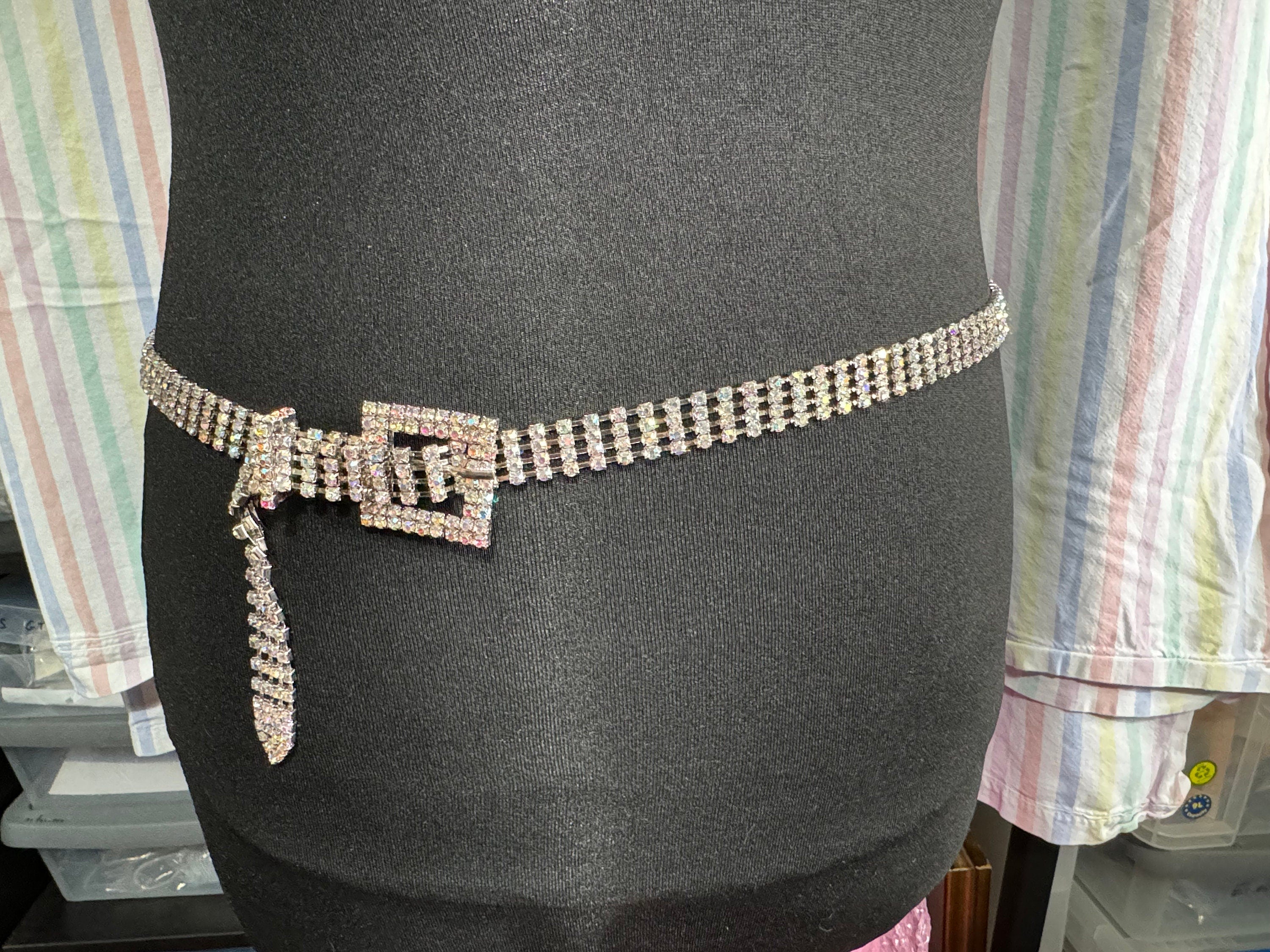 Ladies silver tone AB rainbow diamanté chain link belt adjustable to 102cm