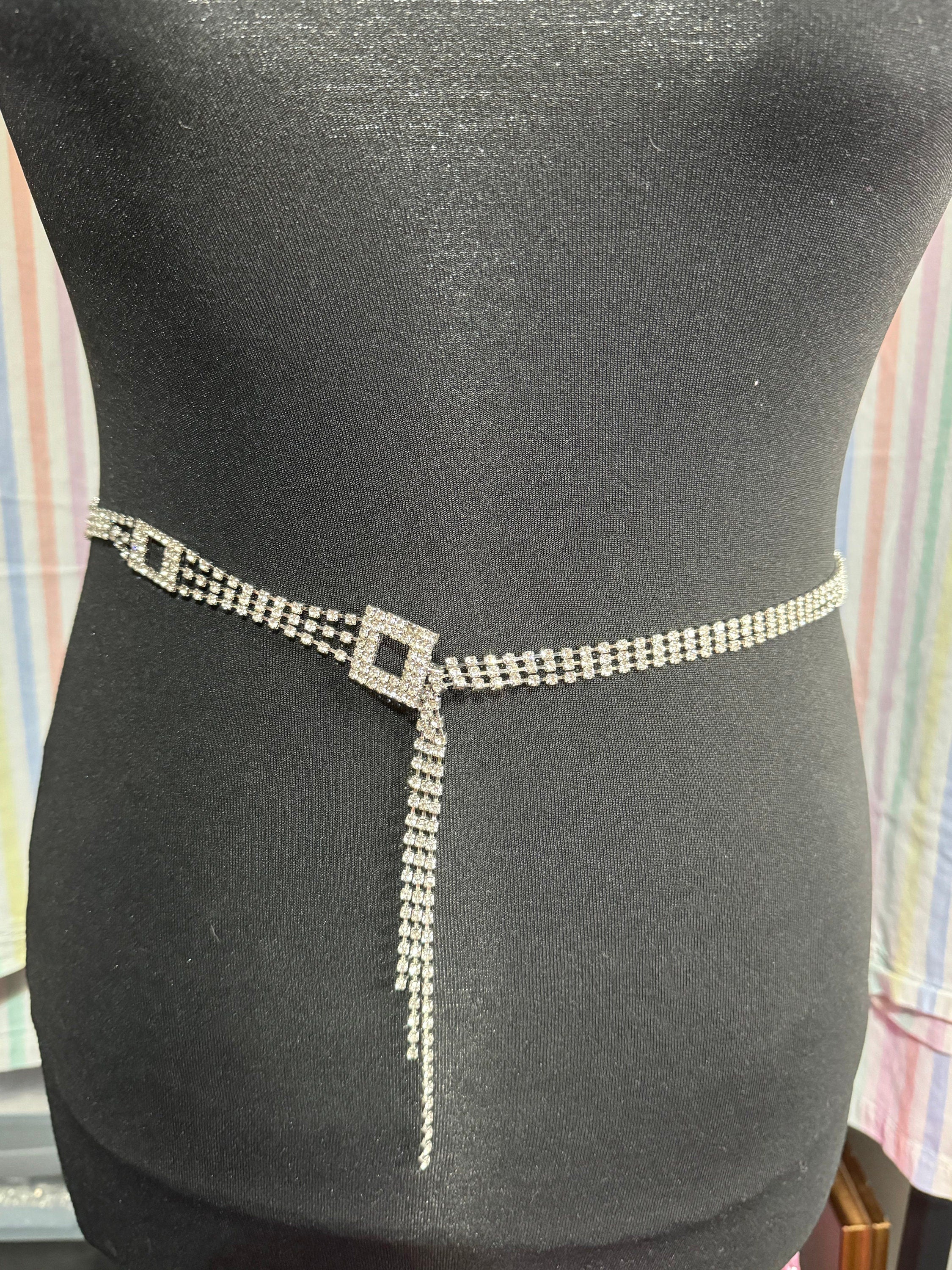 Ladies silver tone clear diamanté slim chain link belt adjustable to 88cm