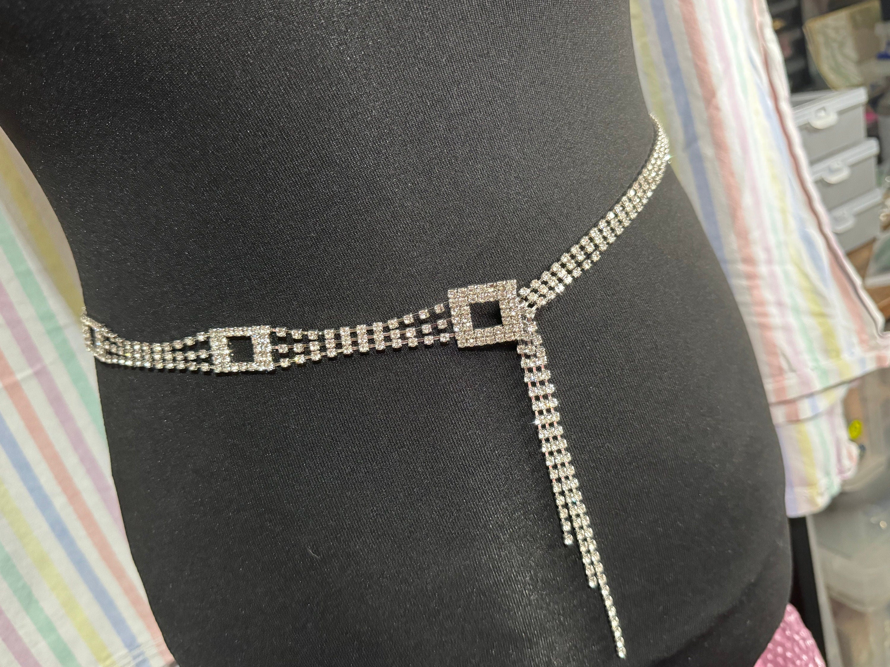 Ladies silver tone clear diamanté slim chain link belt adjustable to 88cm