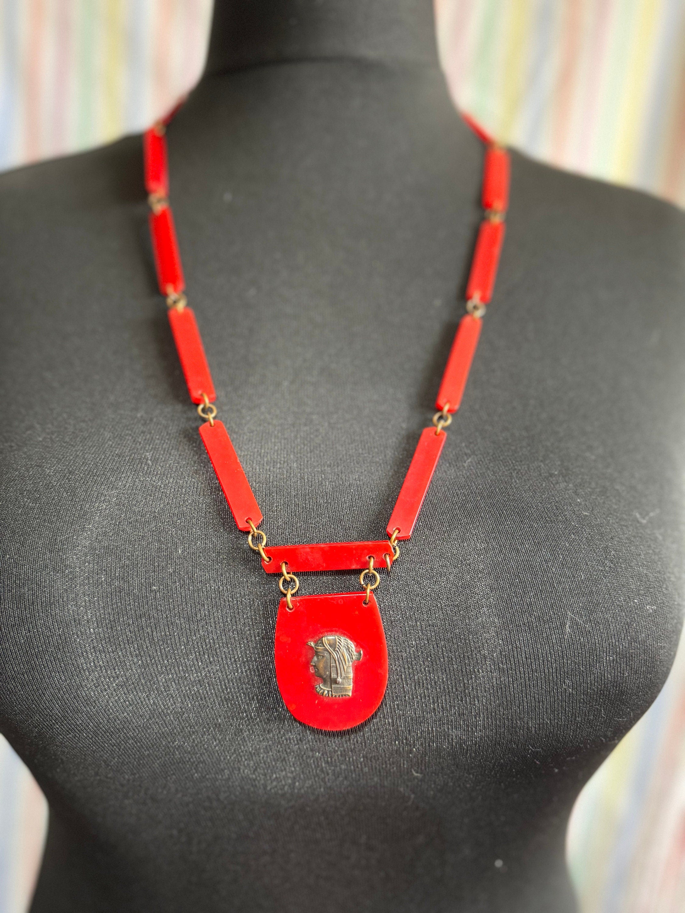 Antique Egyptian revival Art Deco very early plastic celluloid bright red long pendant station necklace 75cm