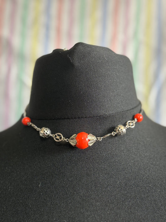 Czech silver filigree bright orange ceramic beaded necklace 1920s art deco