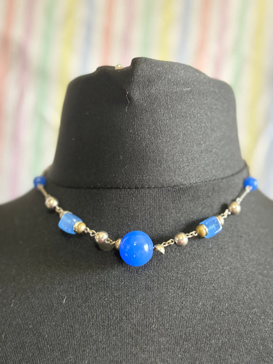 Art Deco czech chrome silver necklace with cobalt blue glass beaded stones