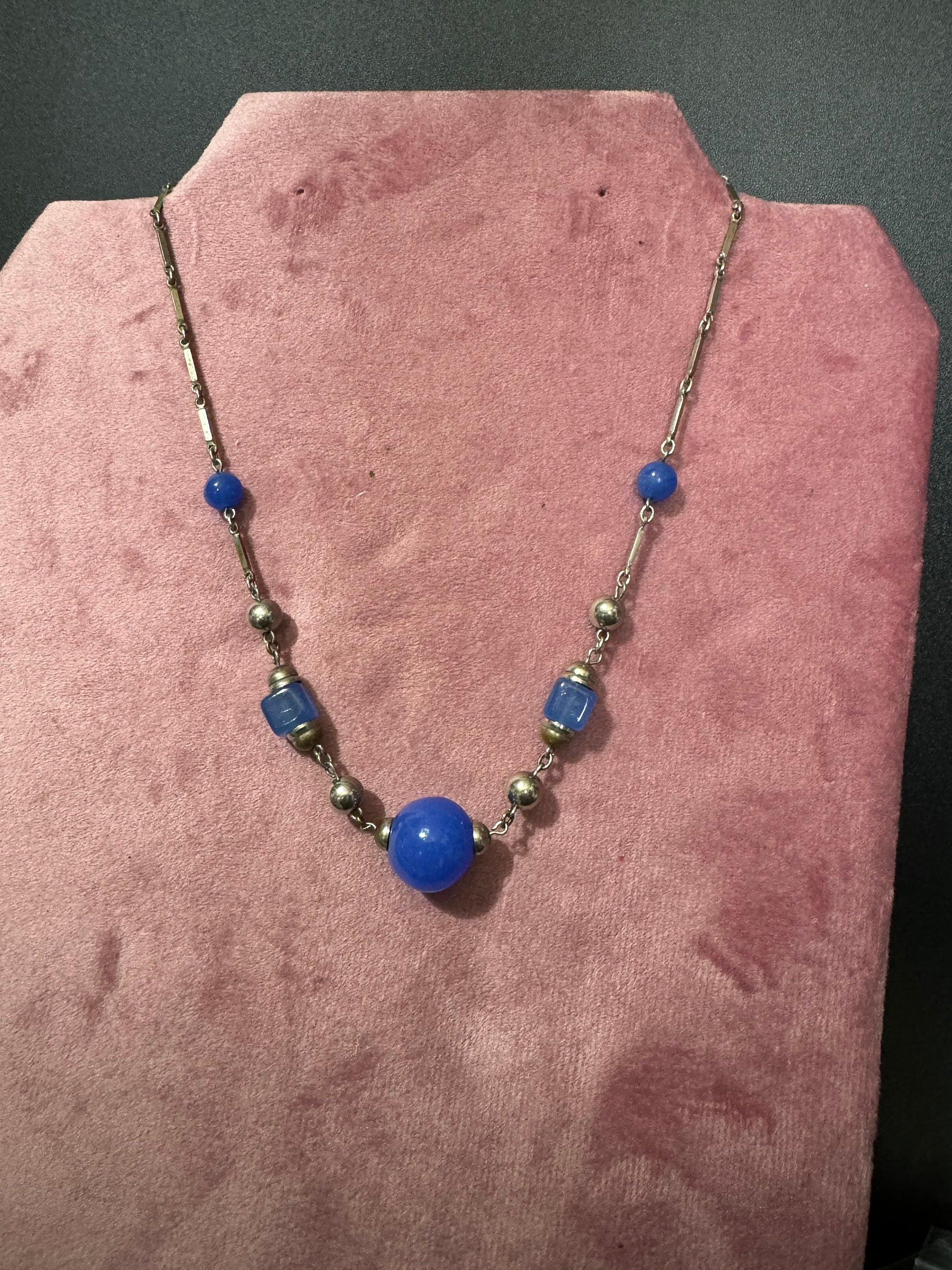 Art Deco czech chrome silver necklace with cobalt blue glass beaded stones