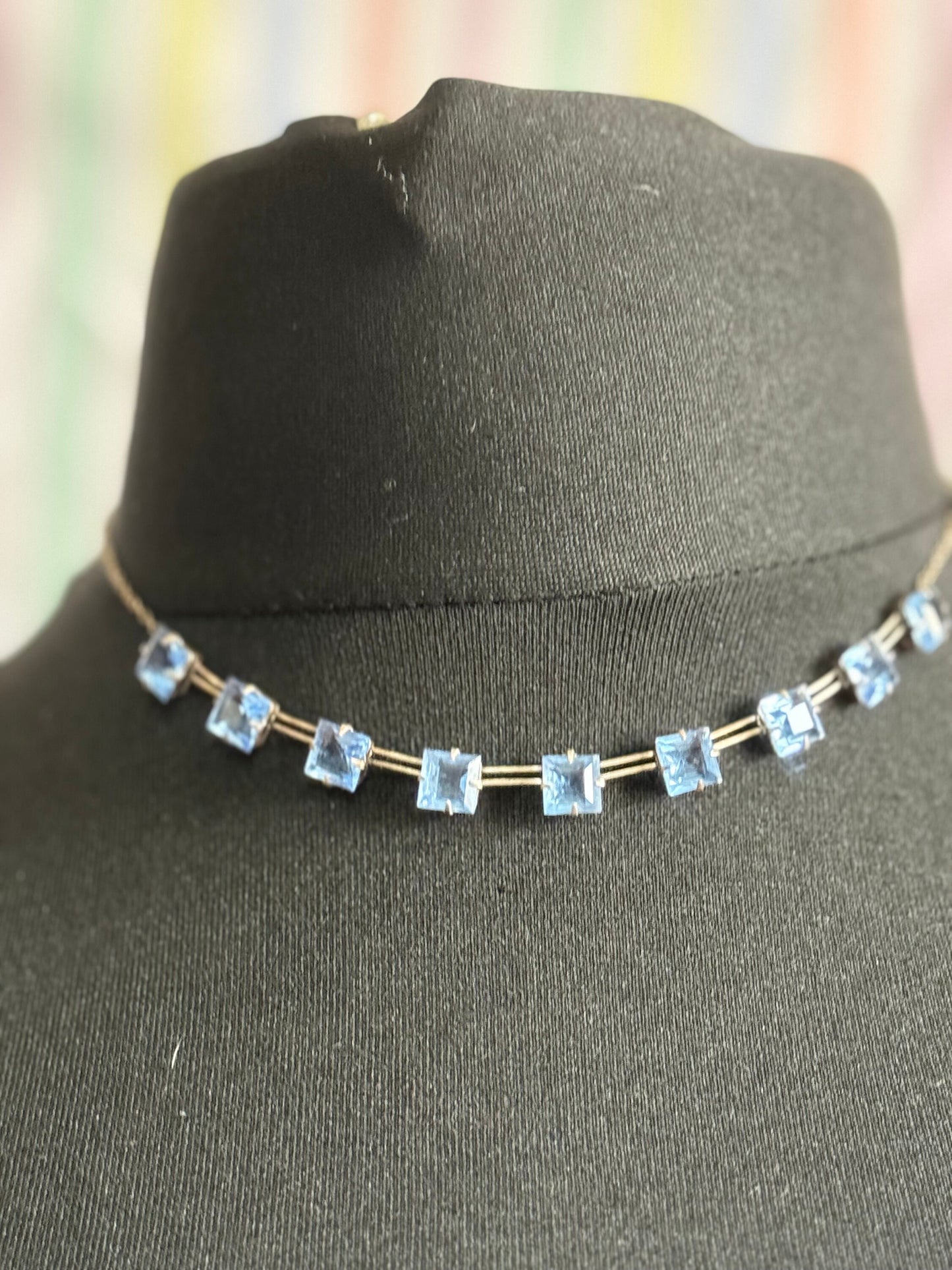 Art Deco Czech Open Back sapphire blue Crystal Silver Necklace Vintage Antique 1920s 41cm