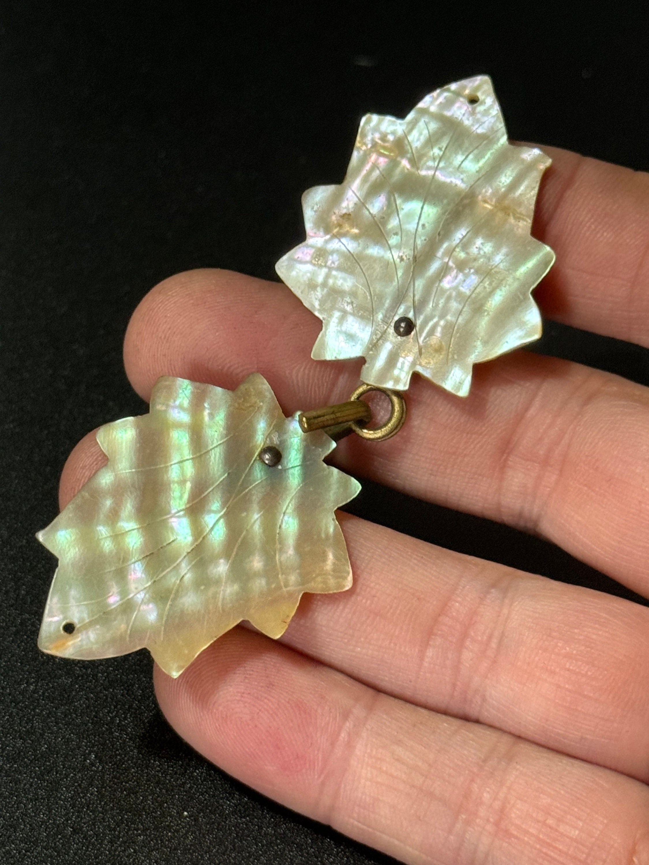 2 part sew on Mother of Pearl antique leaf shaped Belt Buckle Victorian