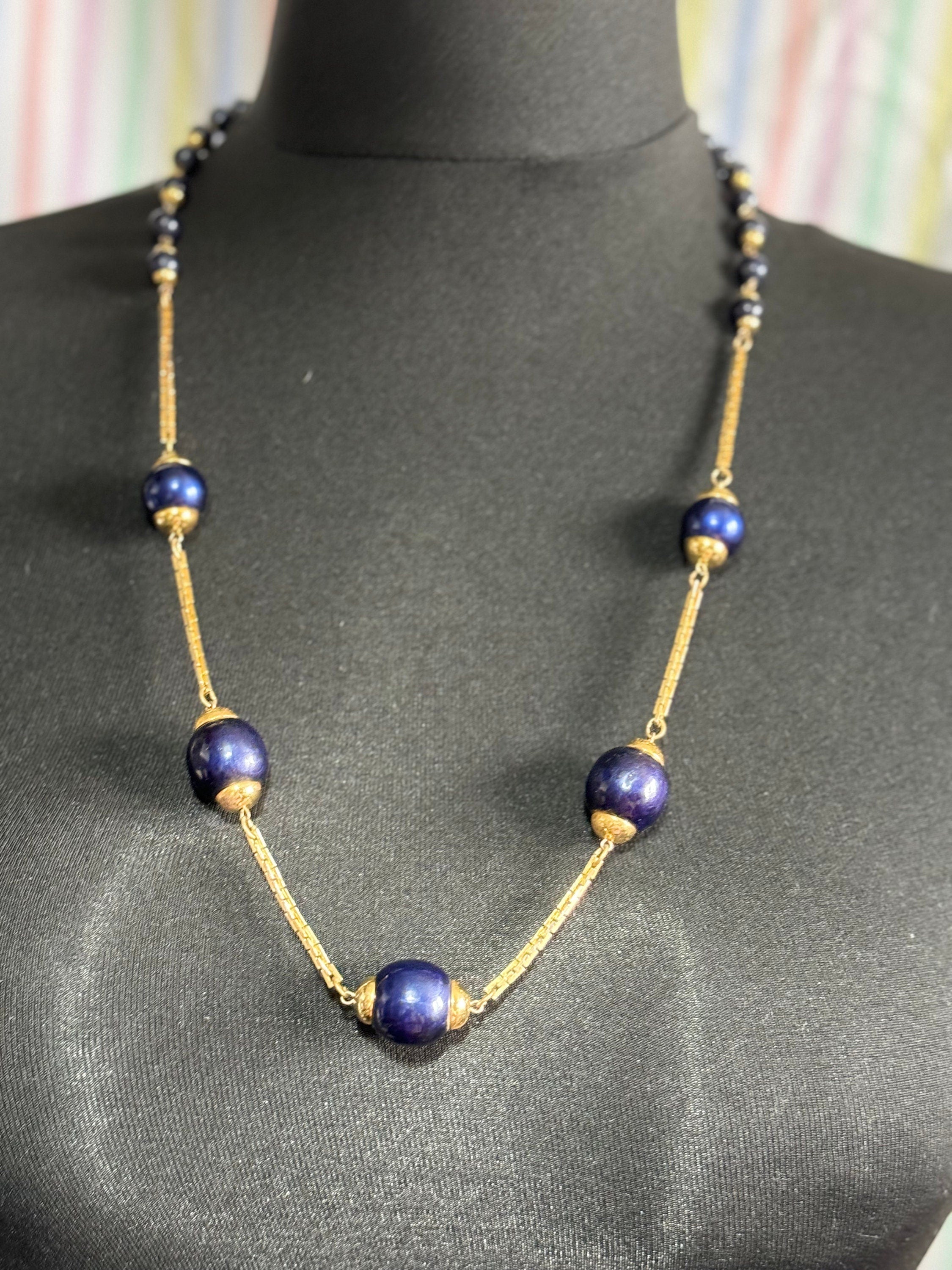 vintage 75cm metallic blue wooden beaded gold tone chain link long station necklace