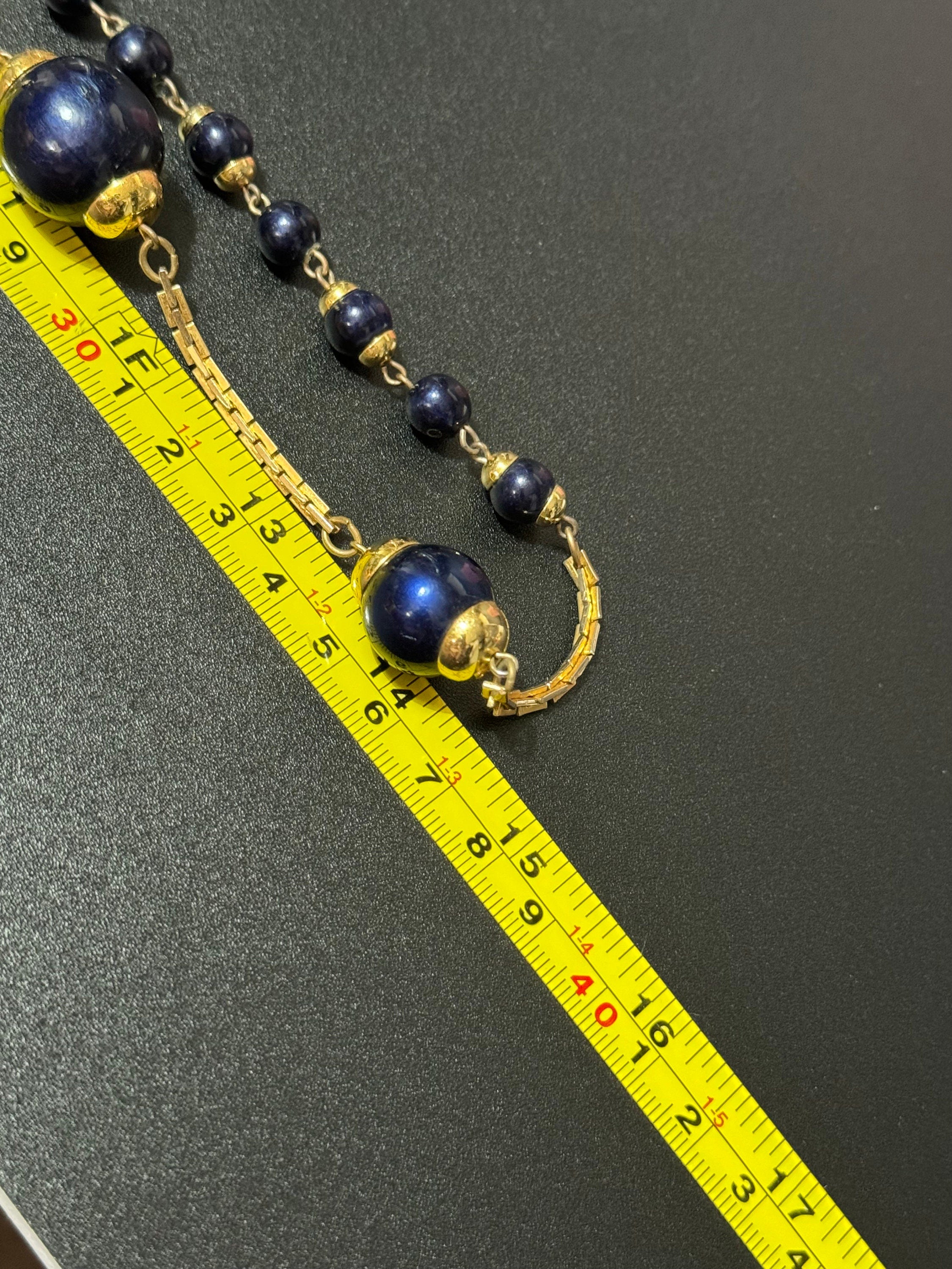 vintage 75cm metallic blue wooden beaded gold tone chain link long station necklace