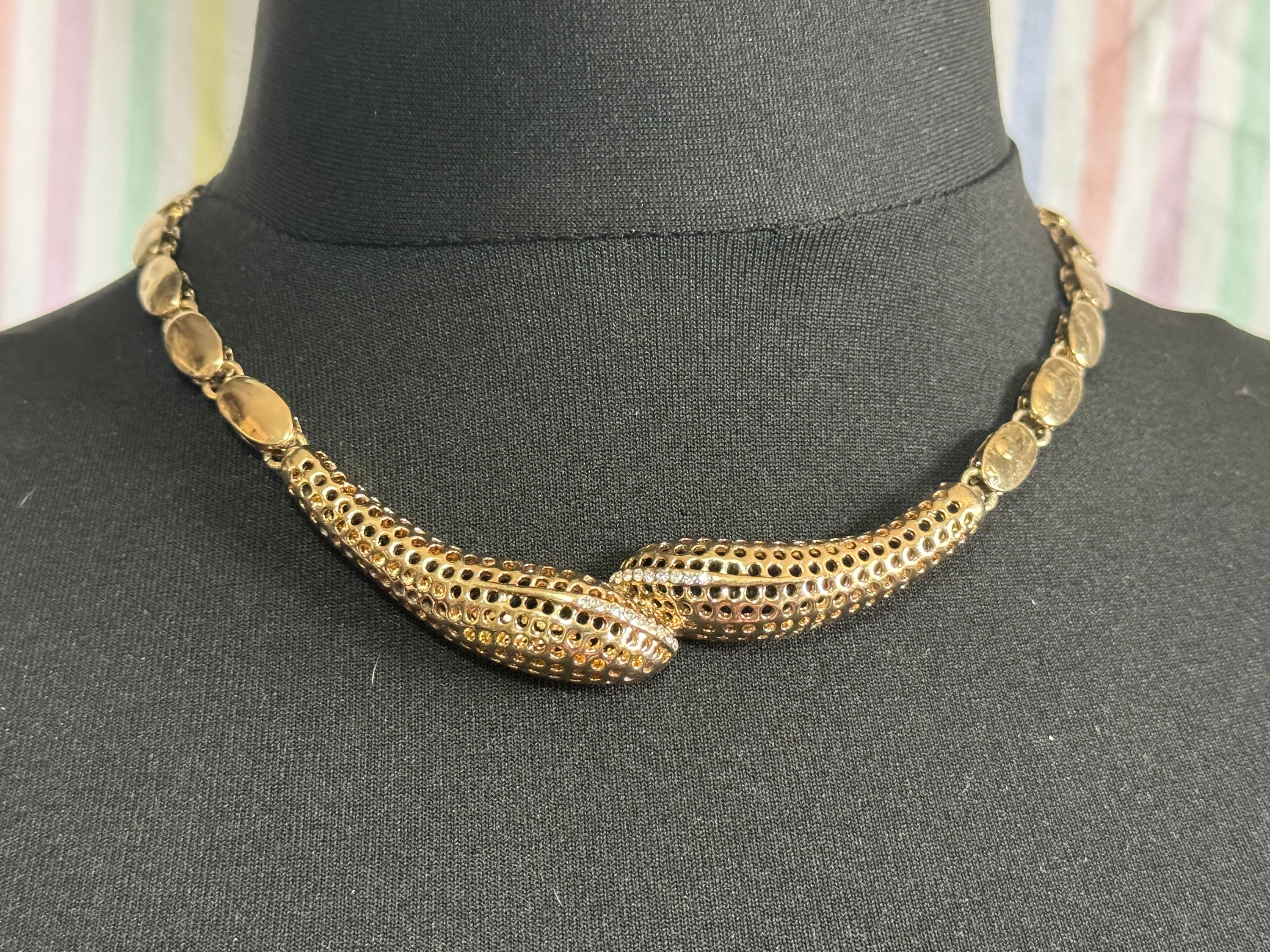 Vintage snake choker gold tone Clear glass diamanté necklace