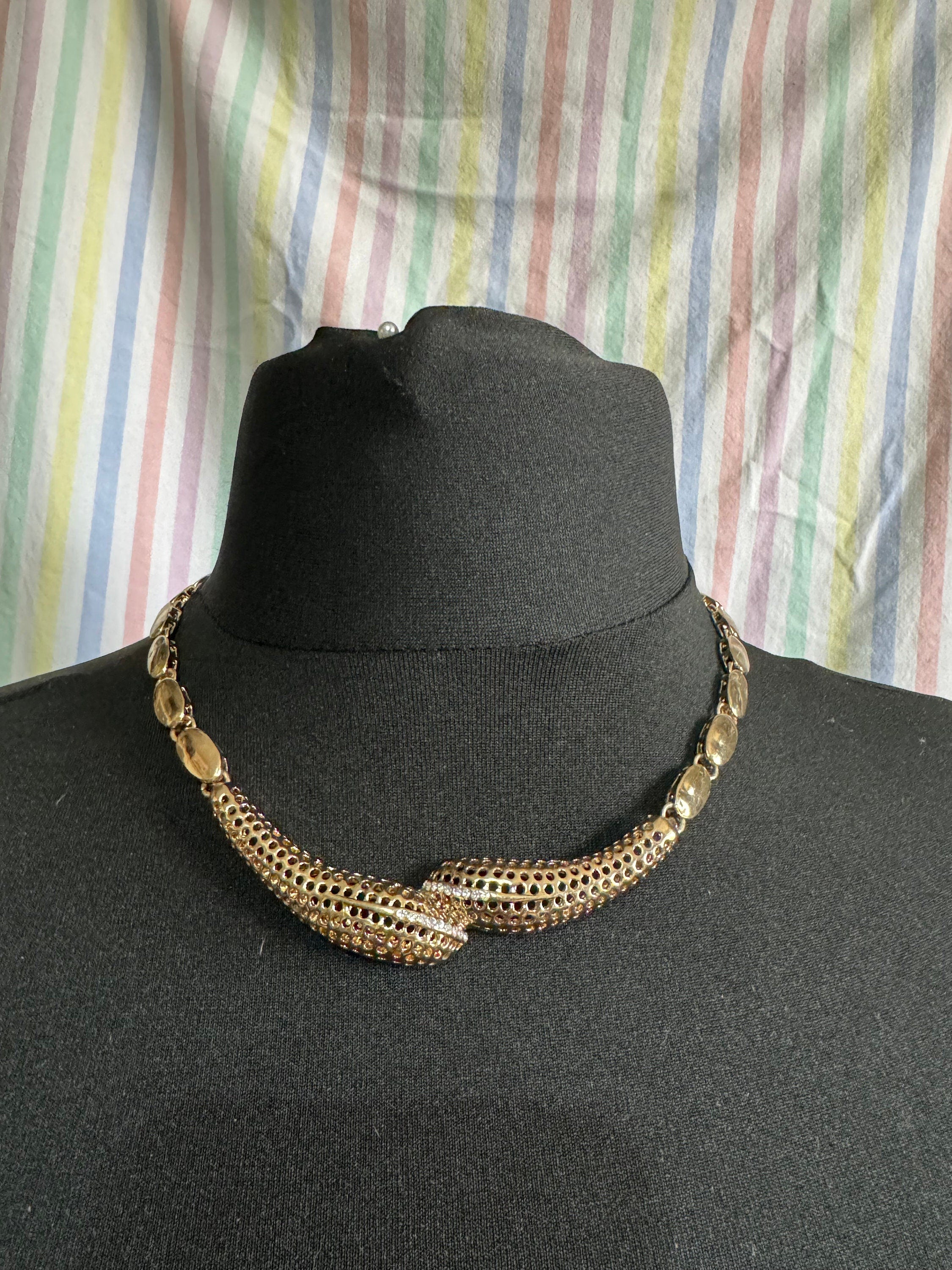 Vintage snake choker gold tone Clear glass diamanté necklace