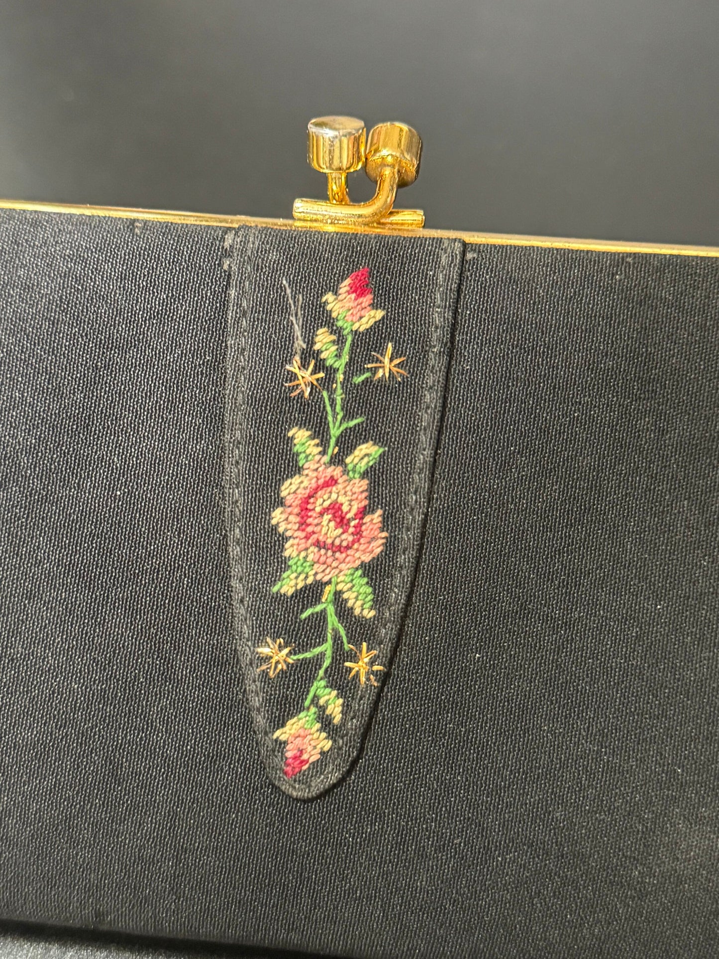 Vintage black crepe Evening Bag Purse with floral petit point embroidery mid century