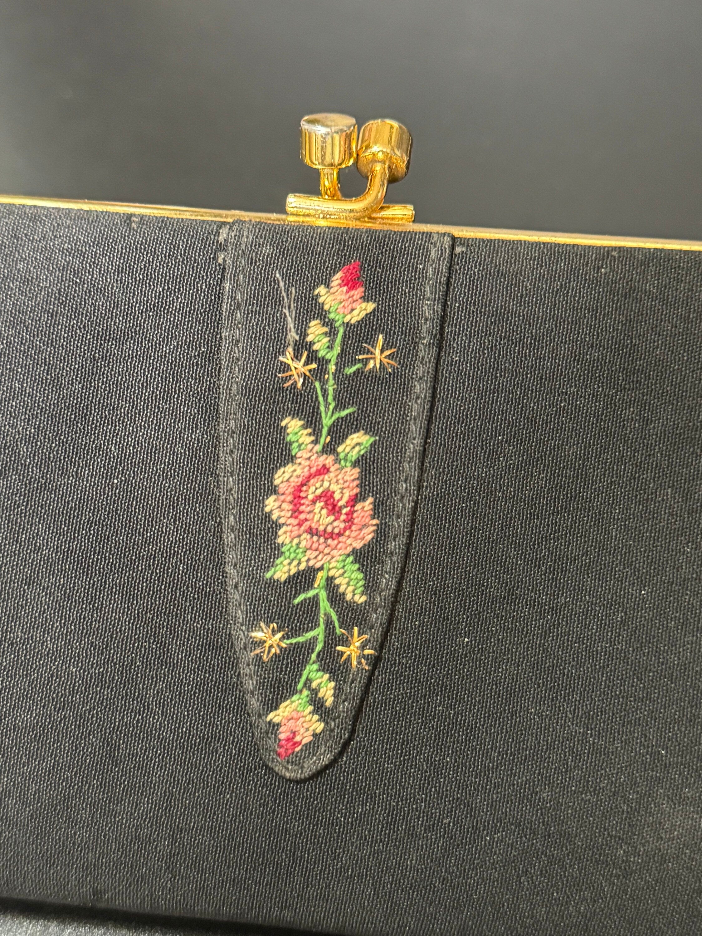 Vintage black crepe Evening Bag Purse with floral petit point embroidery mid century