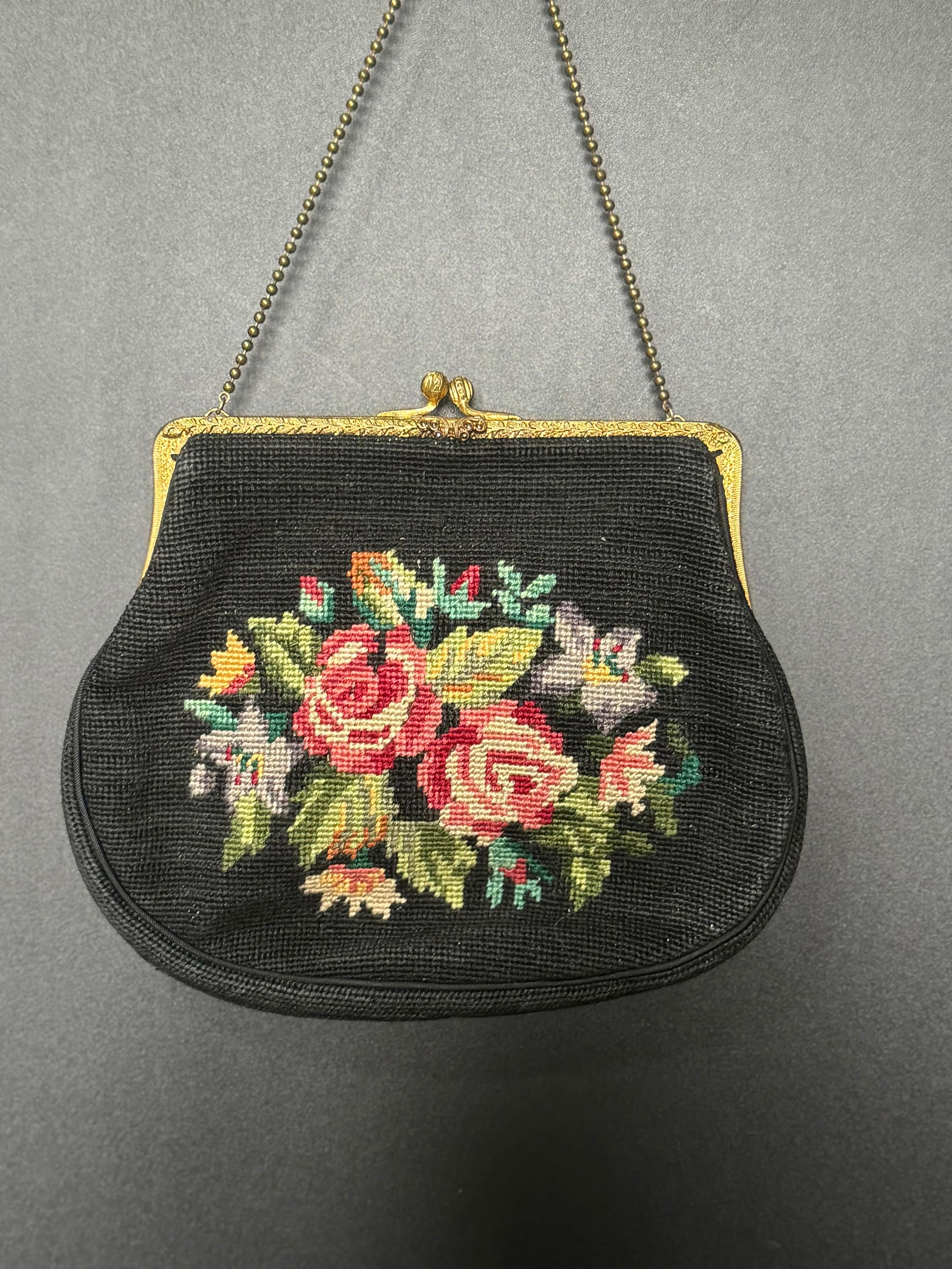 Vintage Retro Black Pink Green Tapestry Embroidered Thread work  Handbag evening Dance Purse 1940s