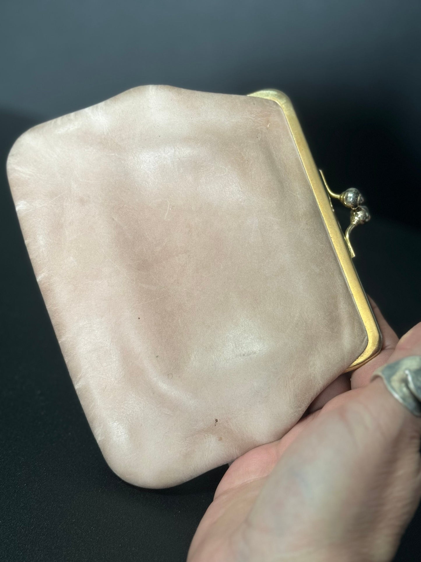 Vintage Beige pink leather lined with integral suspended coin granny purse