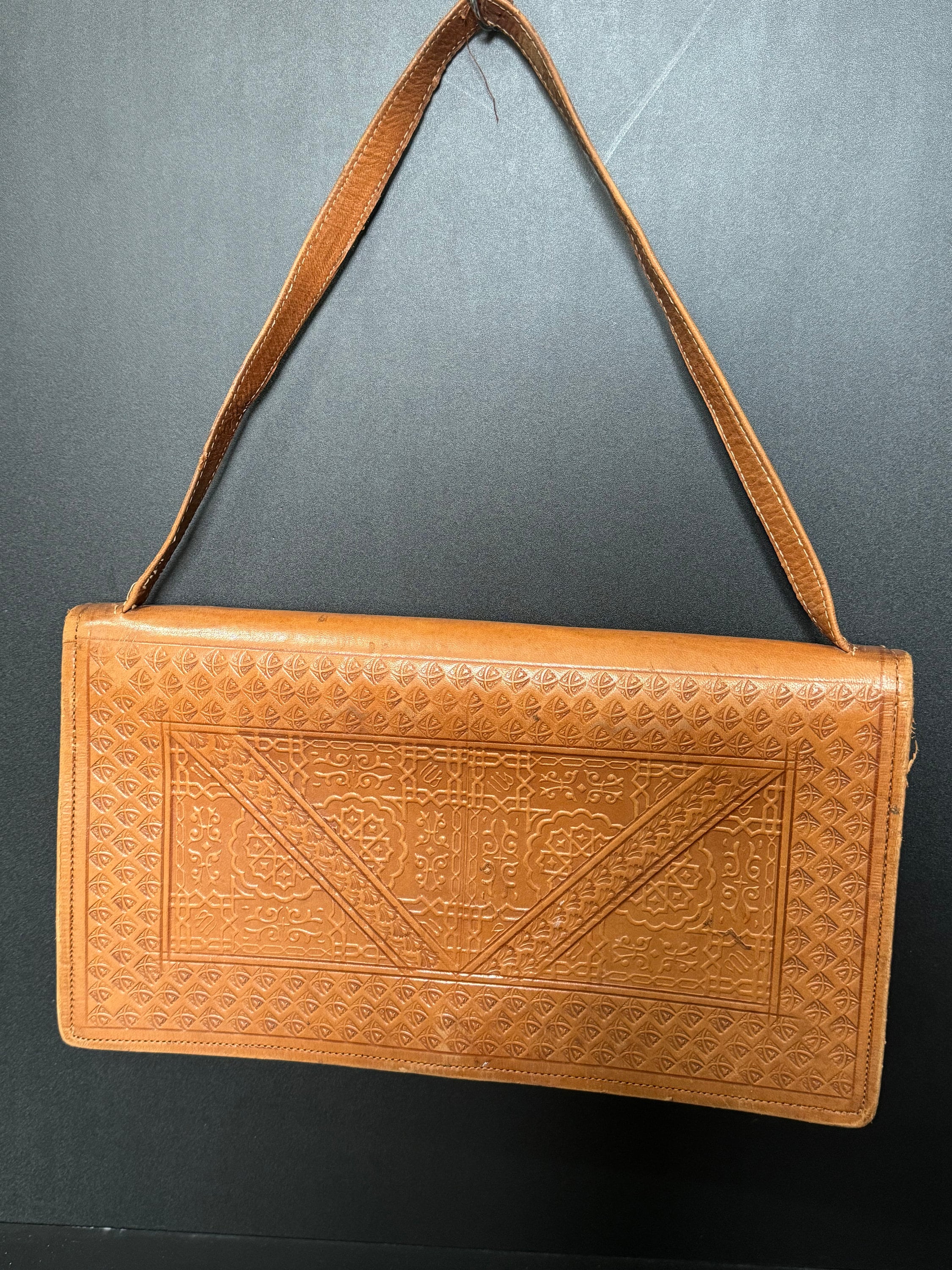 vintage brown genuine tan tooled leather shoulder bag handbag moroccan