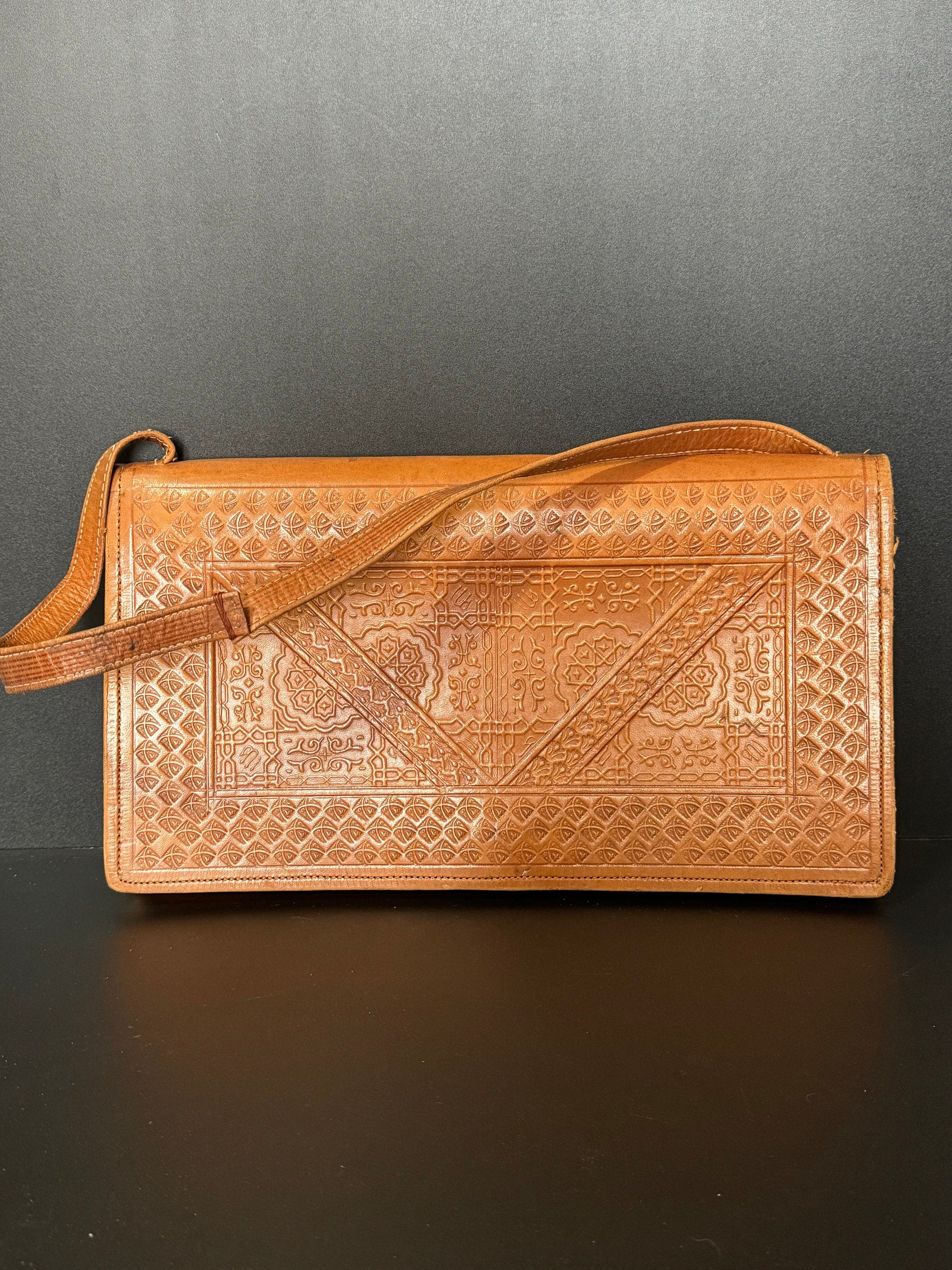 vintage brown genuine tan tooled leather shoulder bag handbag moroccan