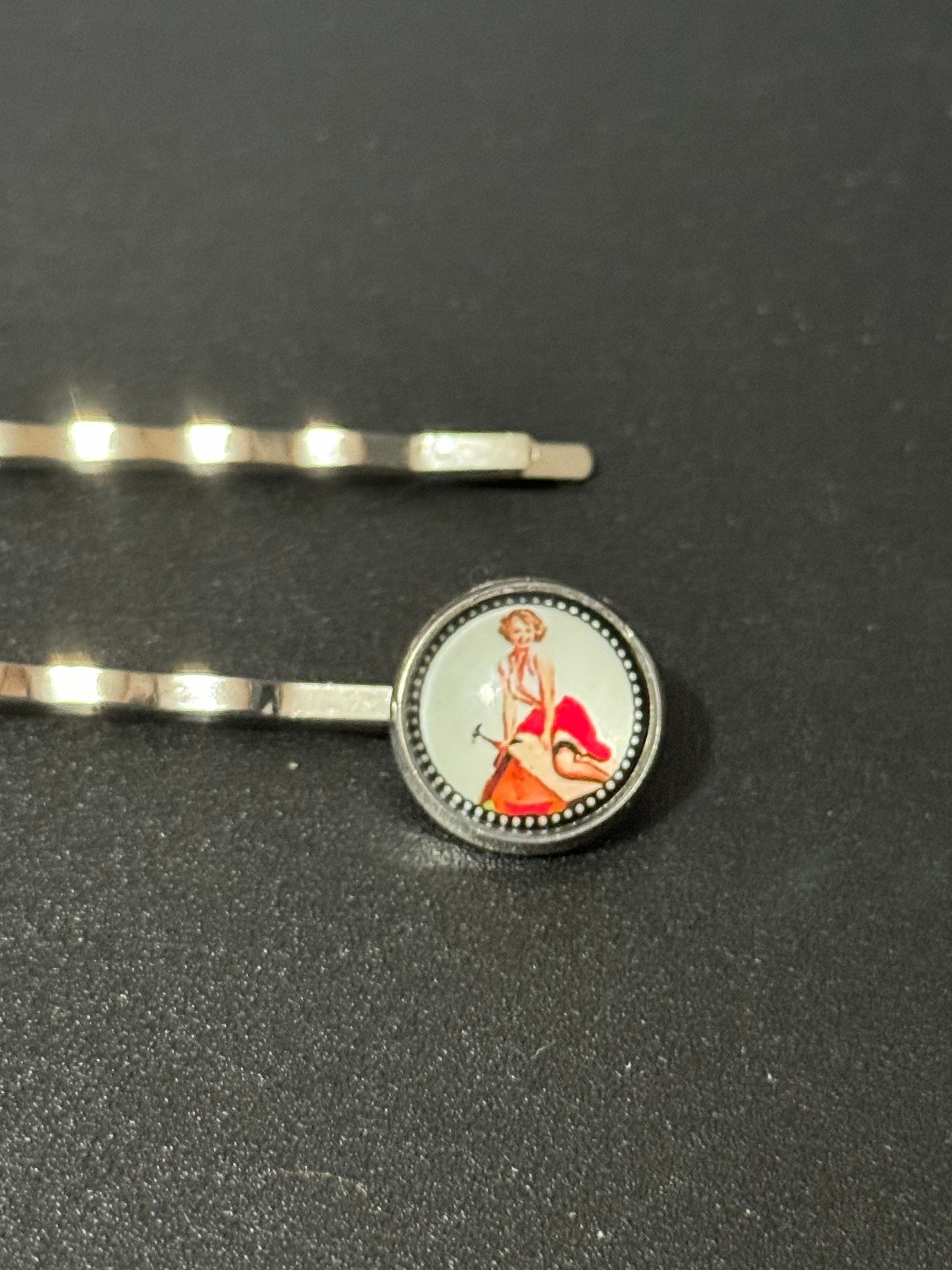 pin up girl model wavy hair slides, Vintage hollywood glamour style, silver tone clips with glass cabochons