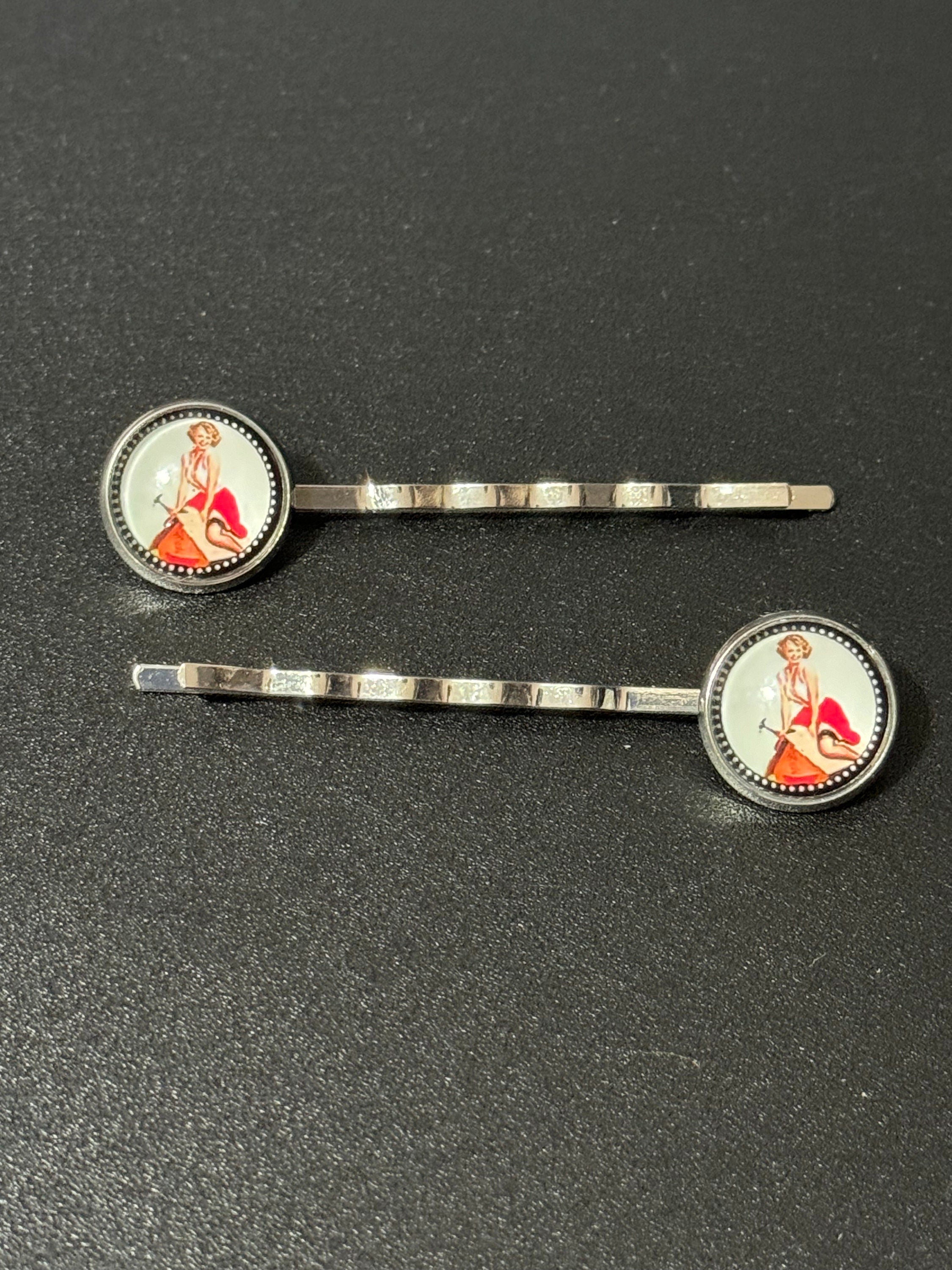 pin up girl model wavy hair slides, Vintage hollywood glamour style, silver tone clips with glass cabochons