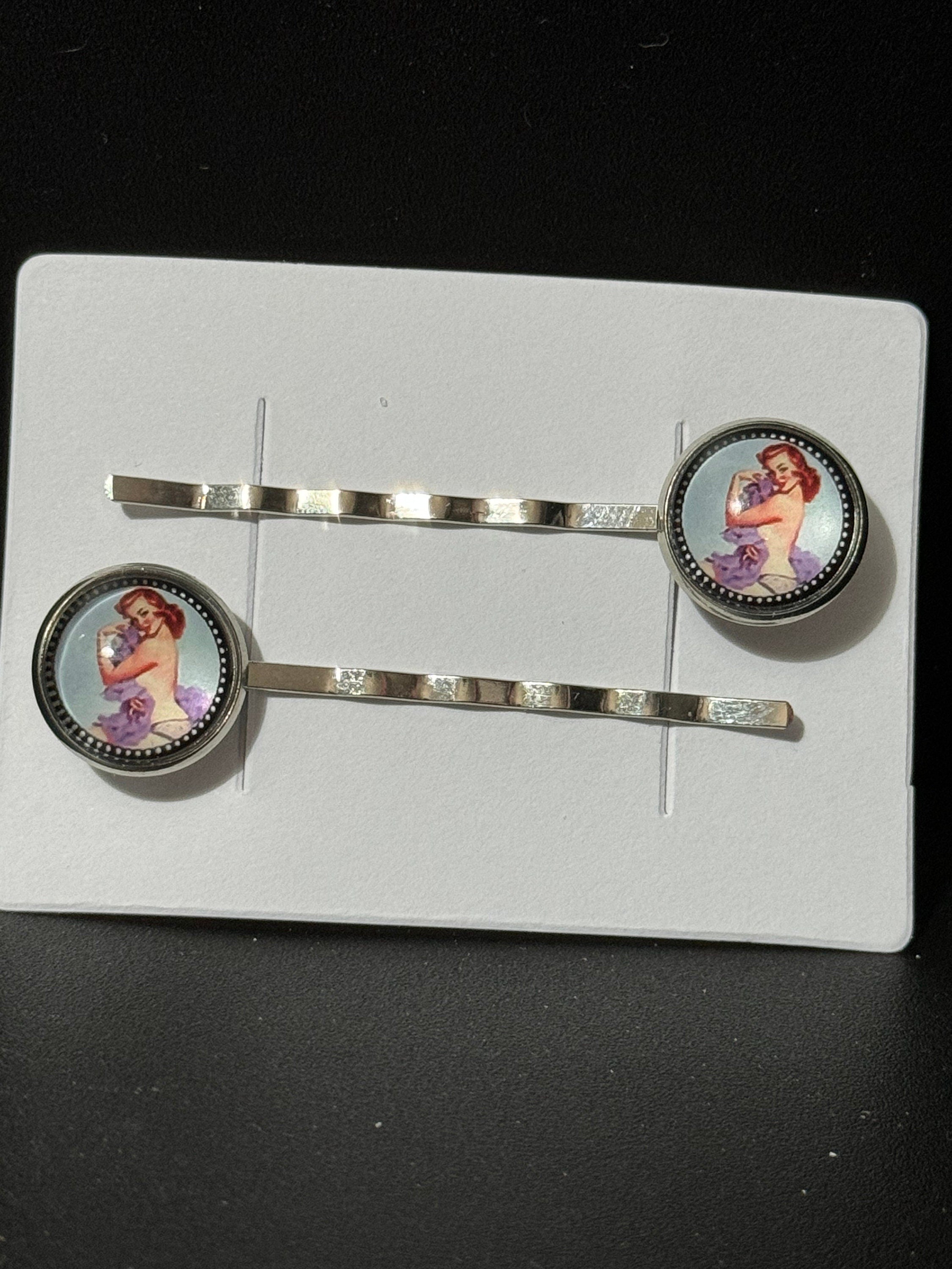 Vintage Hollywood glamour style pin up girl model wavy hairslides hair clips silver tone with glass cabochons