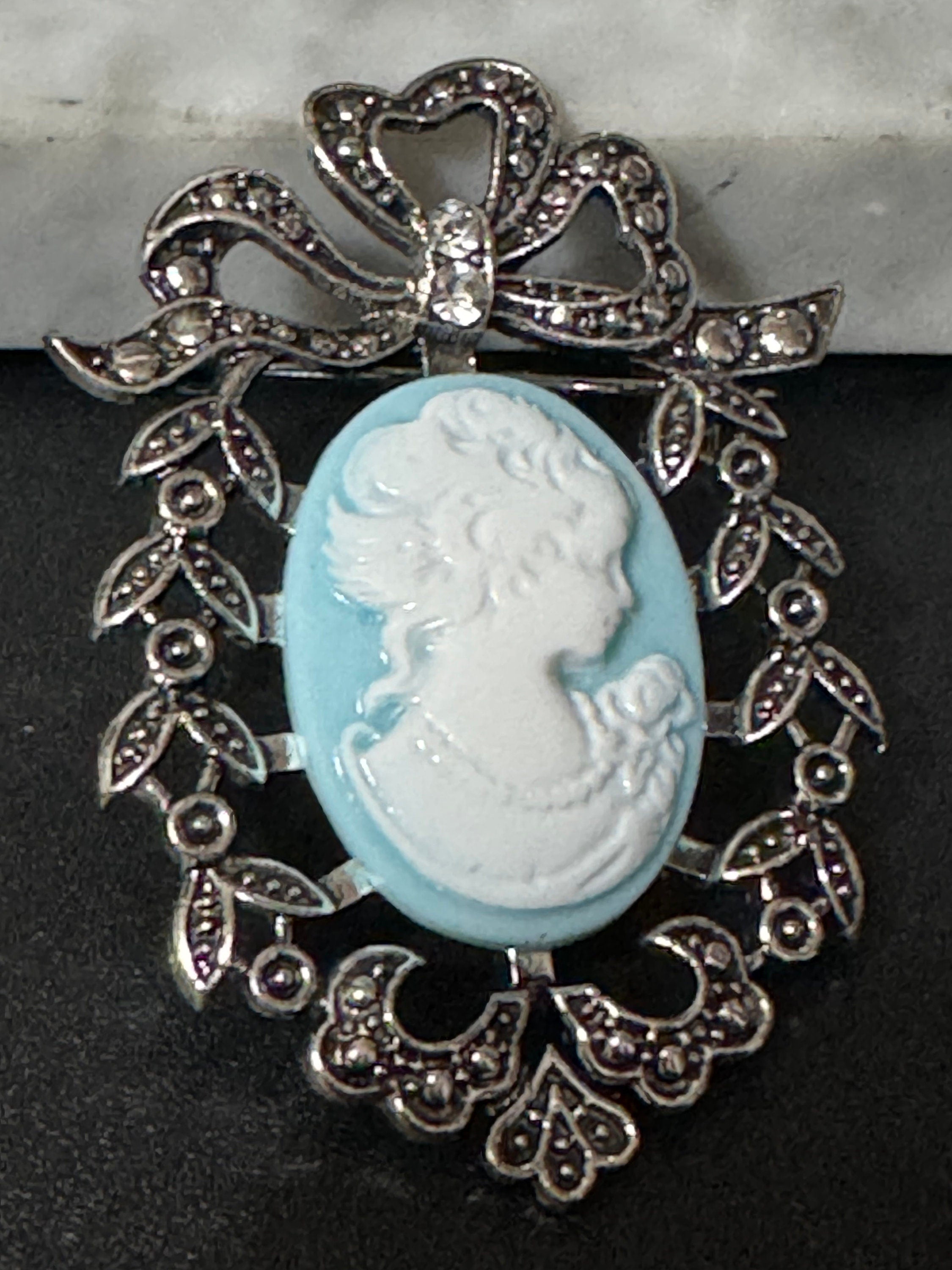 Vintage style handmade Blue cameo brooch with antique silver tone ornate frame