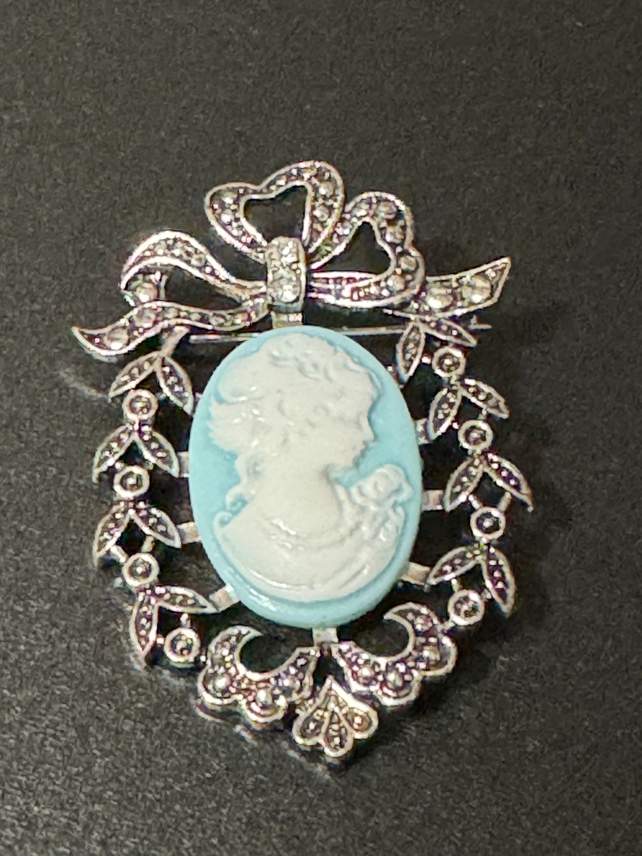 Vintage style handmade Blue cameo brooch with antique silver tone ornate frame