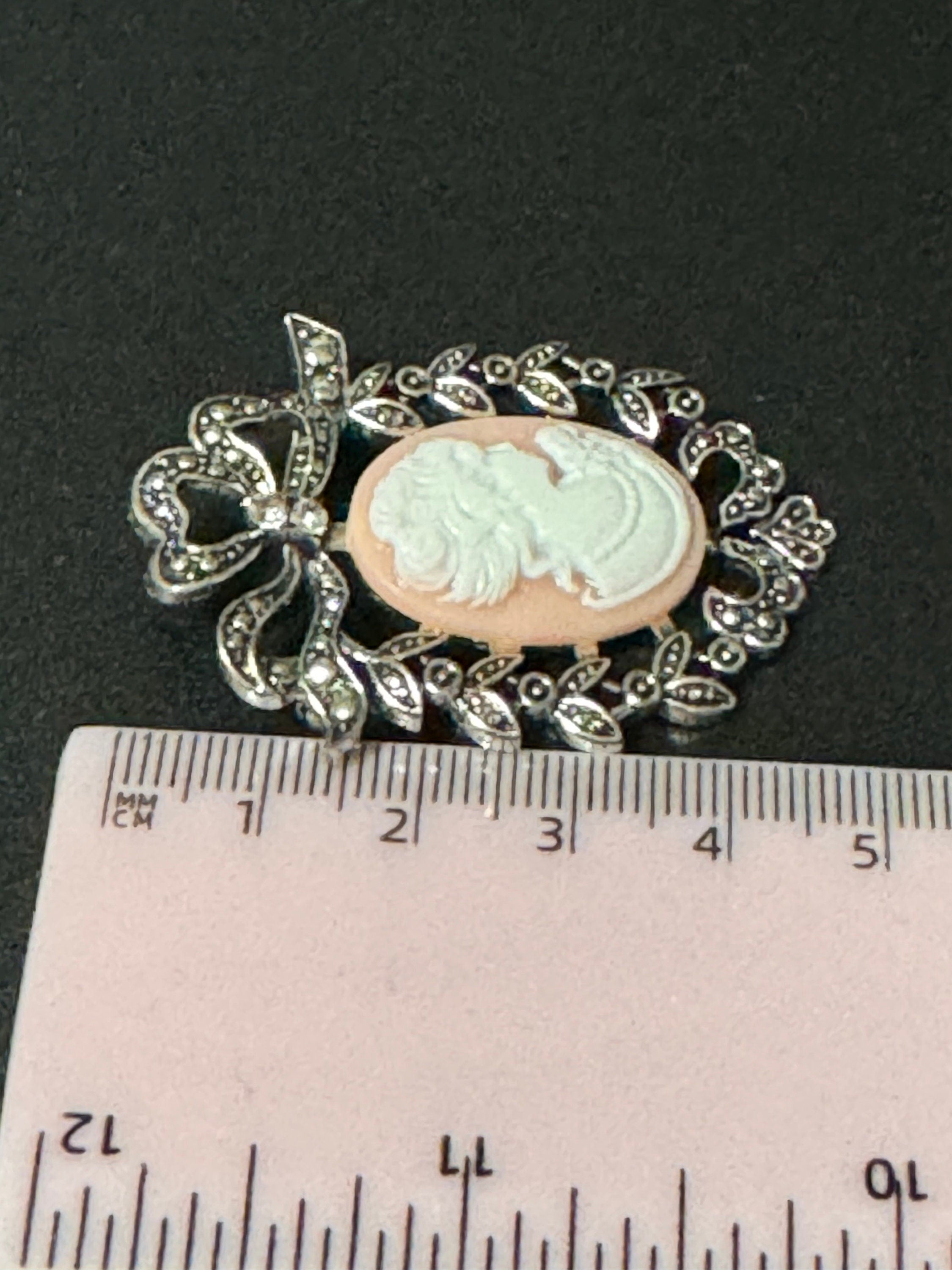 Vintage style handmade Soft pink cameo brooch with antique silver tone ornate frame