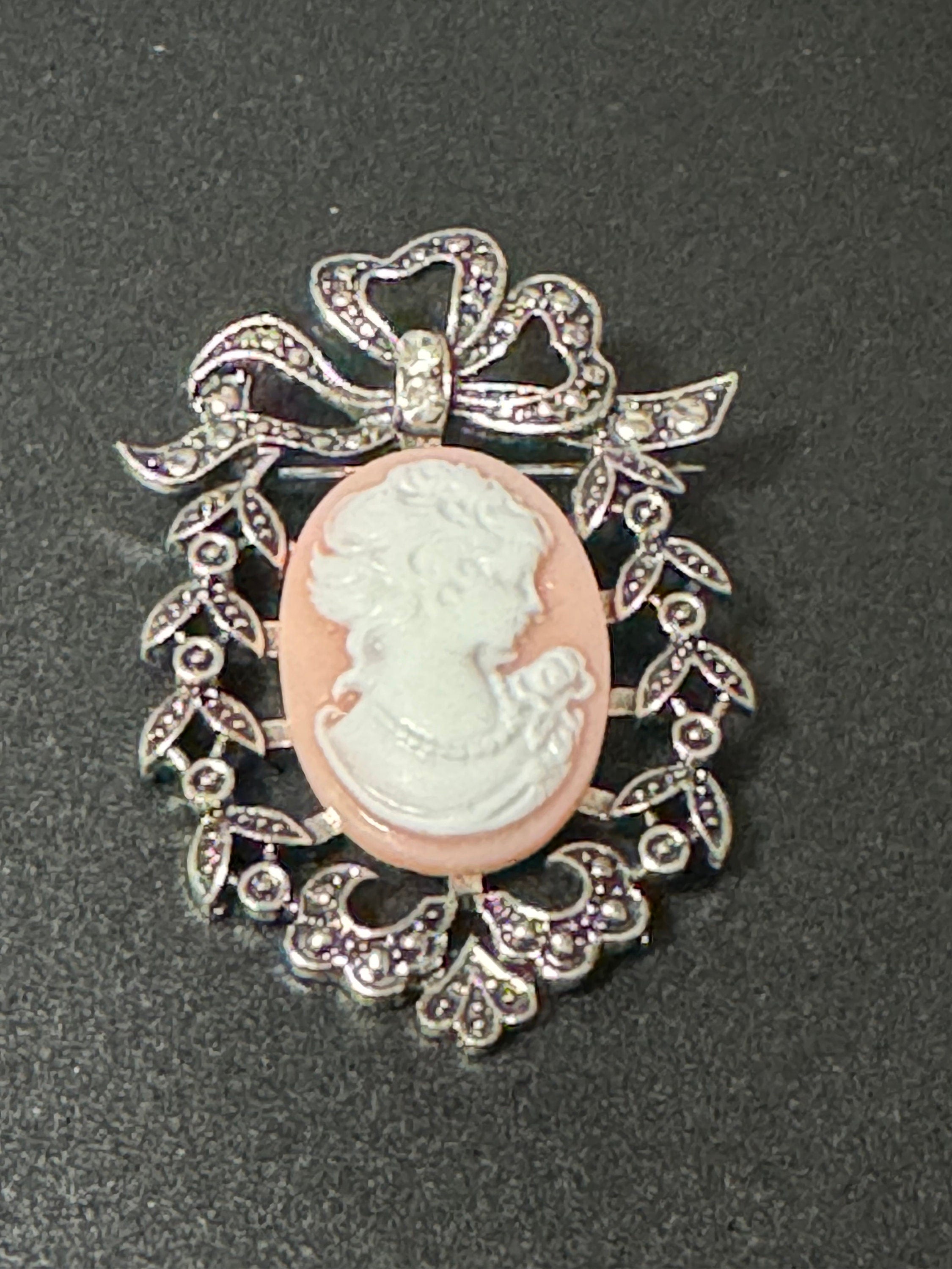 Vintage style handmade Soft pink cameo brooch with antique silver tone ornate frame