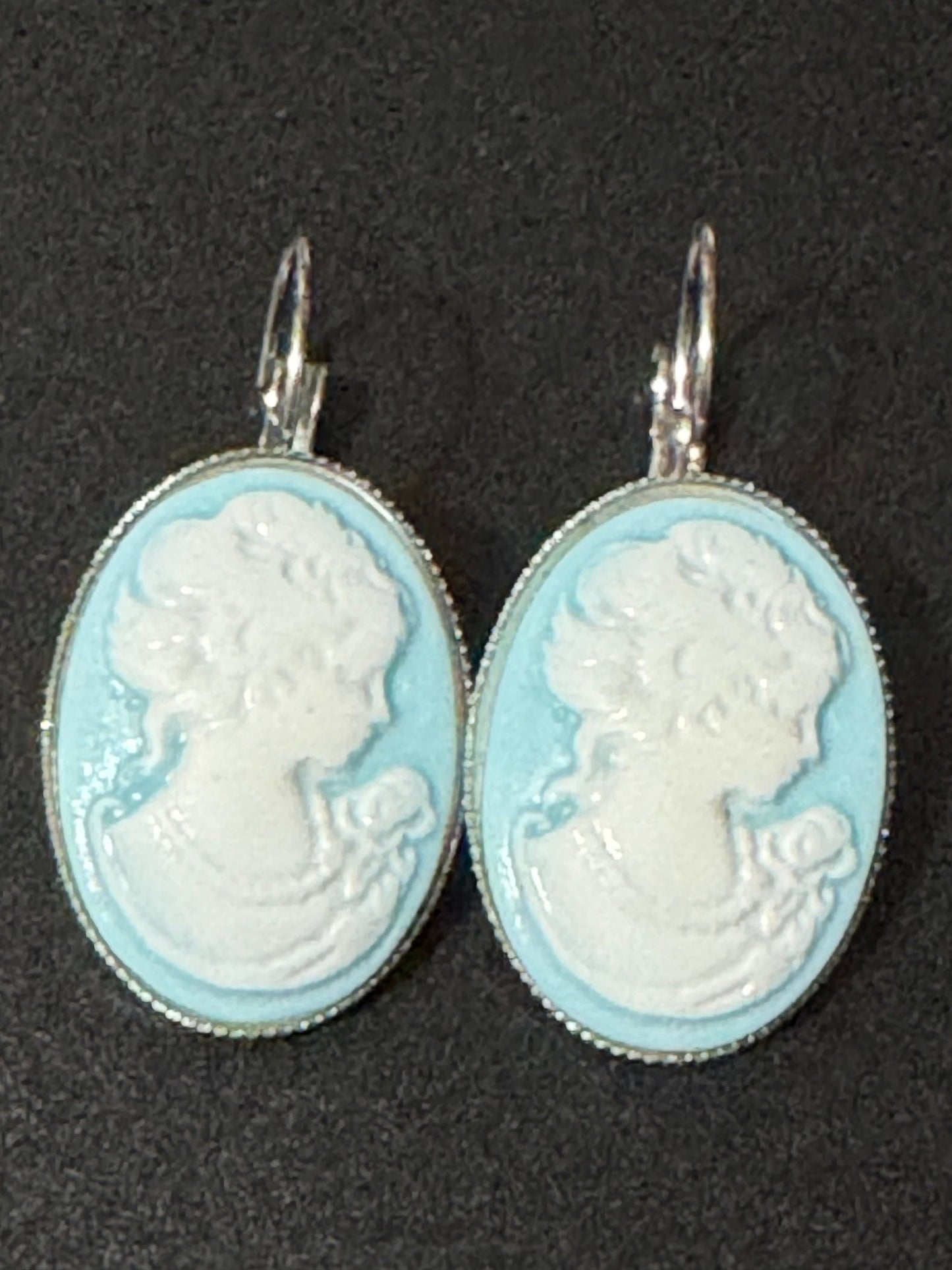 Antique style handmade Blue resin cameo lady stainless steel oval lever back drop earrings