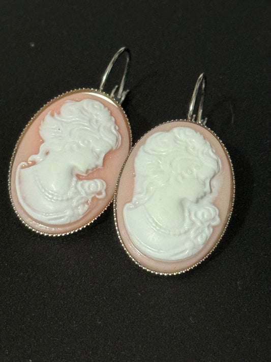 Antique style handmade light pink resin cameo lady stainless steel oval lever back drop earrings