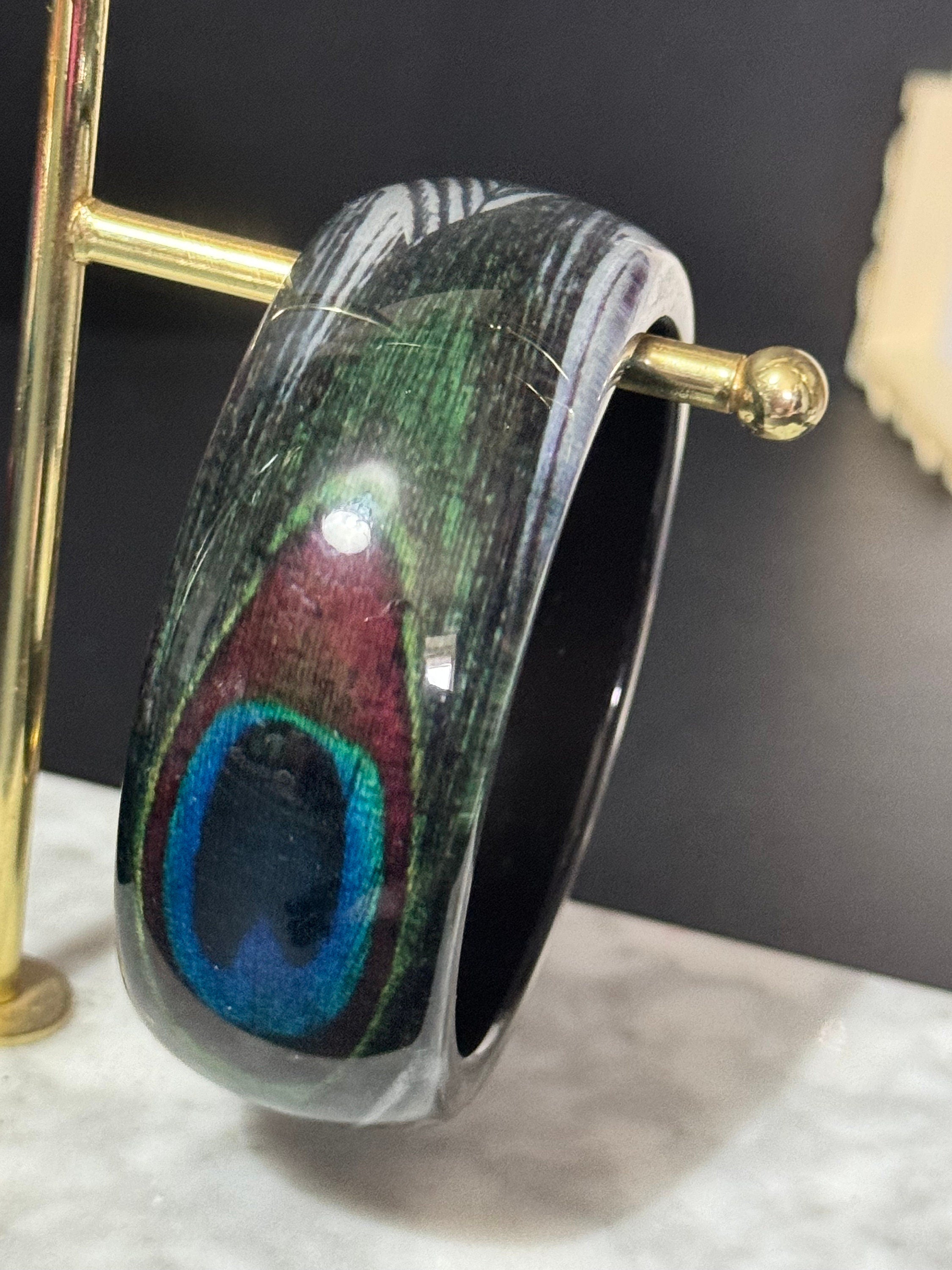 Black green blue peacock feather vintage chunky oversized wide acrylic plastic bangle bracelet