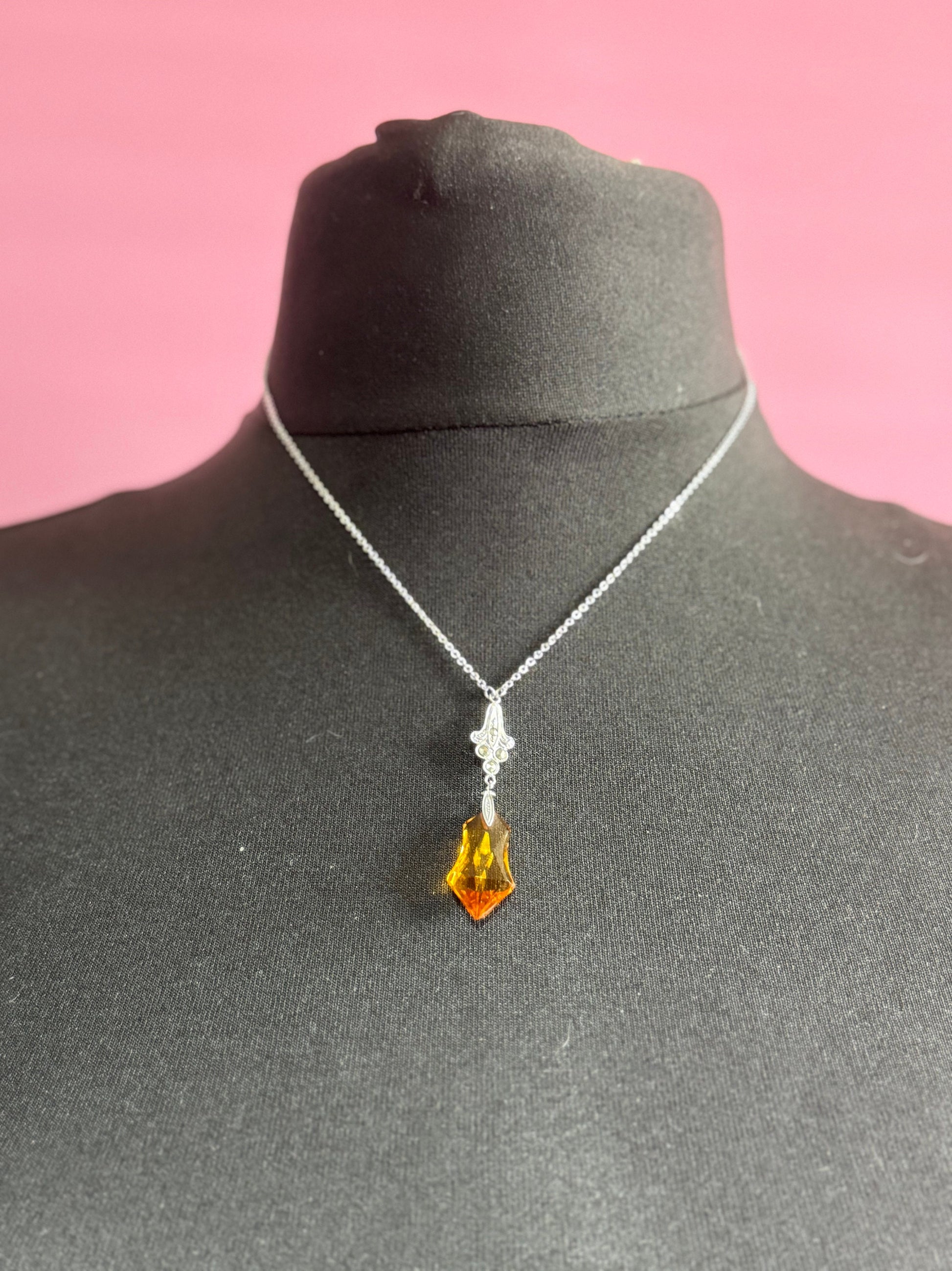 Art Deco chromed crystal orange citrine glass squares silver antique pendant drop necklace 1920s